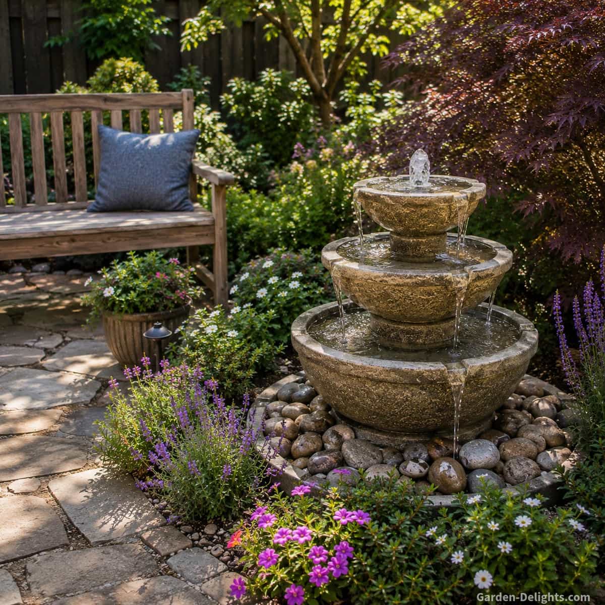Natural three tier stone water fountain surrounded by colorful flowering garden beds, smooth river rocks and a handcrafted wooden garden bench with visible wood grain creating a peaceful backyard retreat where layered water sound supports relaxation, quiet conversation, reading and everyday outdoor living.