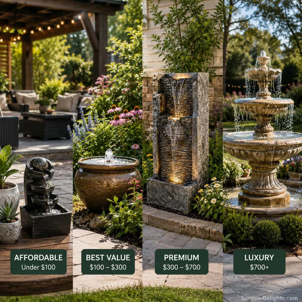 Best water fountains by budget showing an affordable tabletop fountain, a mid range ceramic bowl fountain, a premium stone garden fountain and a luxury tiered backyard fountain in beautiful patio, garden and outdoor living spaces