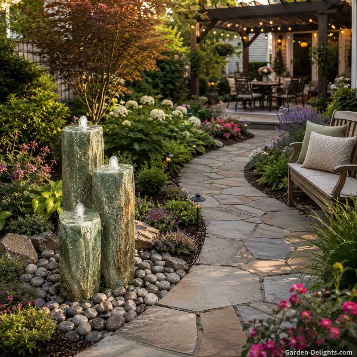 Best water fountains by purpose showing a bubbling stone fountain along a curved garden pathway with bench seating, flowering plants, river rocks, soft lighting and a pergola patio for relaxation, wildlife value, outdoor living and peaceful backyard decorating.