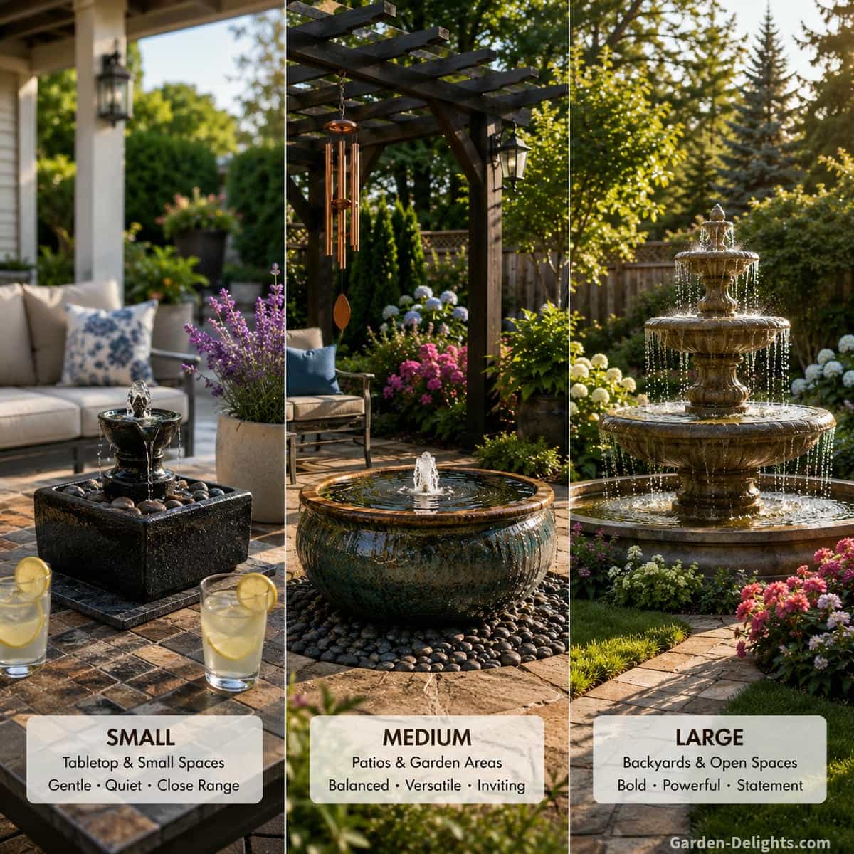 Best water fountains by size showing a small tabletop fountain, medium ceramic bowl fountain and large tiered backyard fountain in patio, garden and outdoor living spaces for comparing scale, sound, placement, walkway clearance and visual balance.