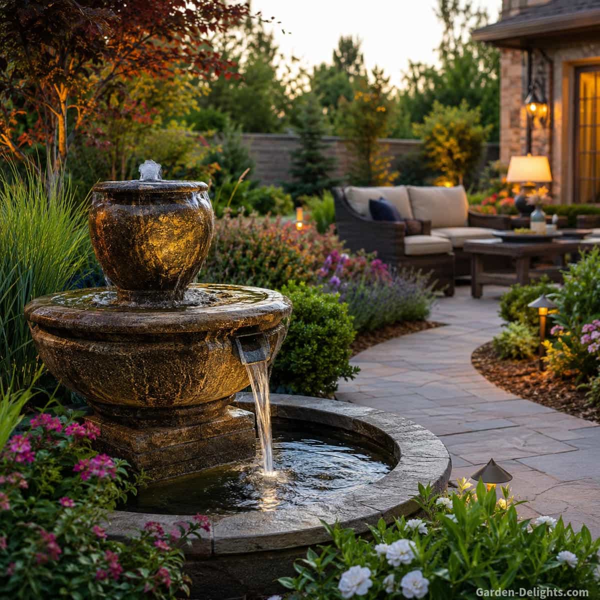 Best water fountains by sound showing a bubbling stone fountain near patio seating, gentle trickling water, flowering garden beds, curved walkway and peaceful backyard design for comparing quiet flow, cascading water and relaxing outdoor white noise.