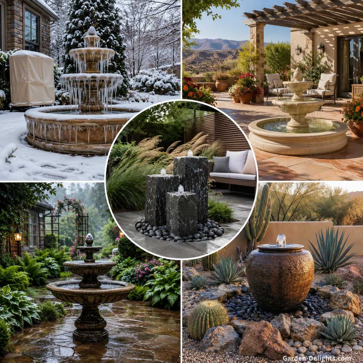 Best water fountains for different climates showing cold winter fountain protection, hot sunny patio placement, windy backyard splash control, rainy garden drainage and dry climate water saving fountain ideas for outdoor living spaces.
