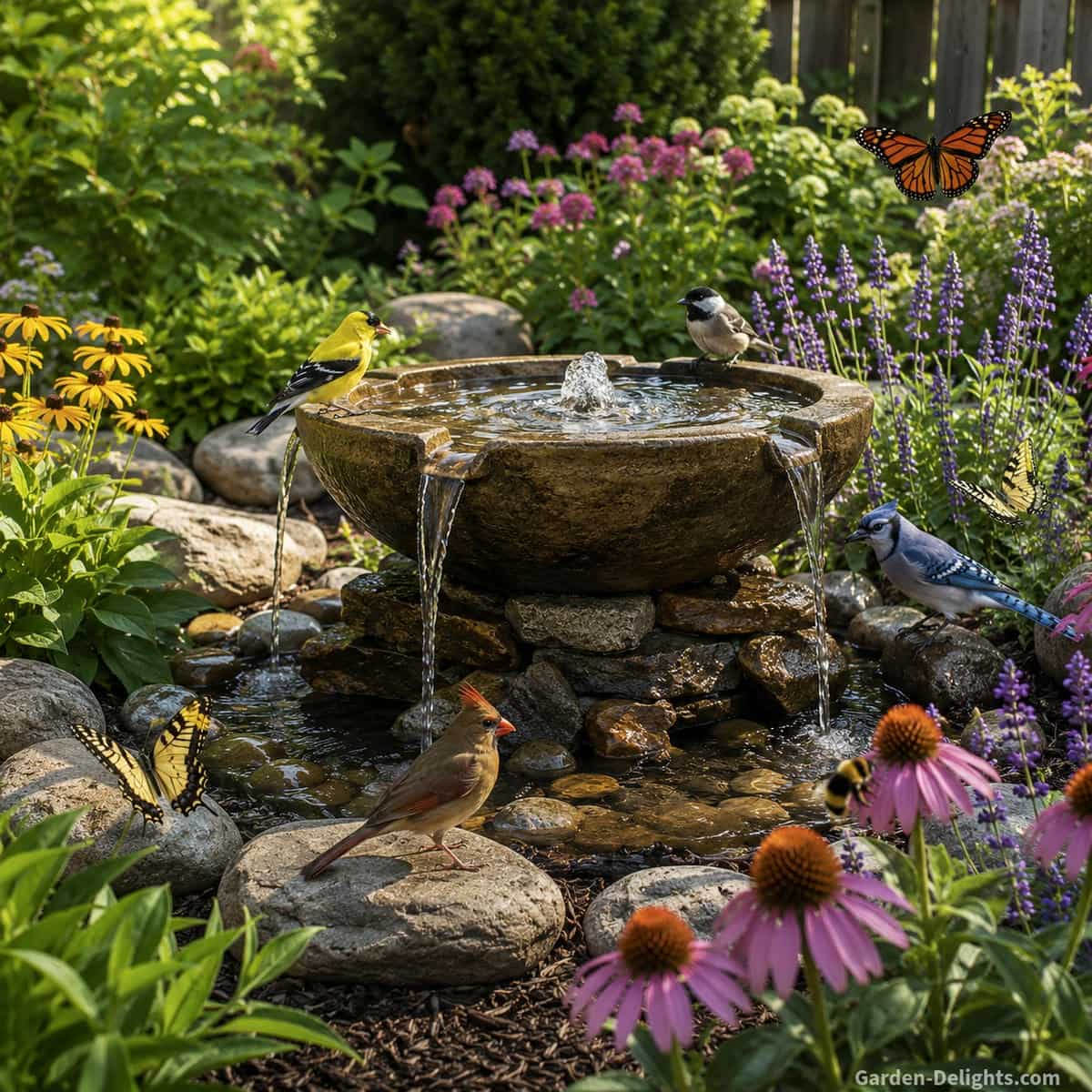 Best water fountains for wildlife showing shallow moving water, songbirds, butterflies, bees, pollinator flowers, landing stones, native plants, garden cover and a peaceful natural backyard habitat for birds and pollinators.