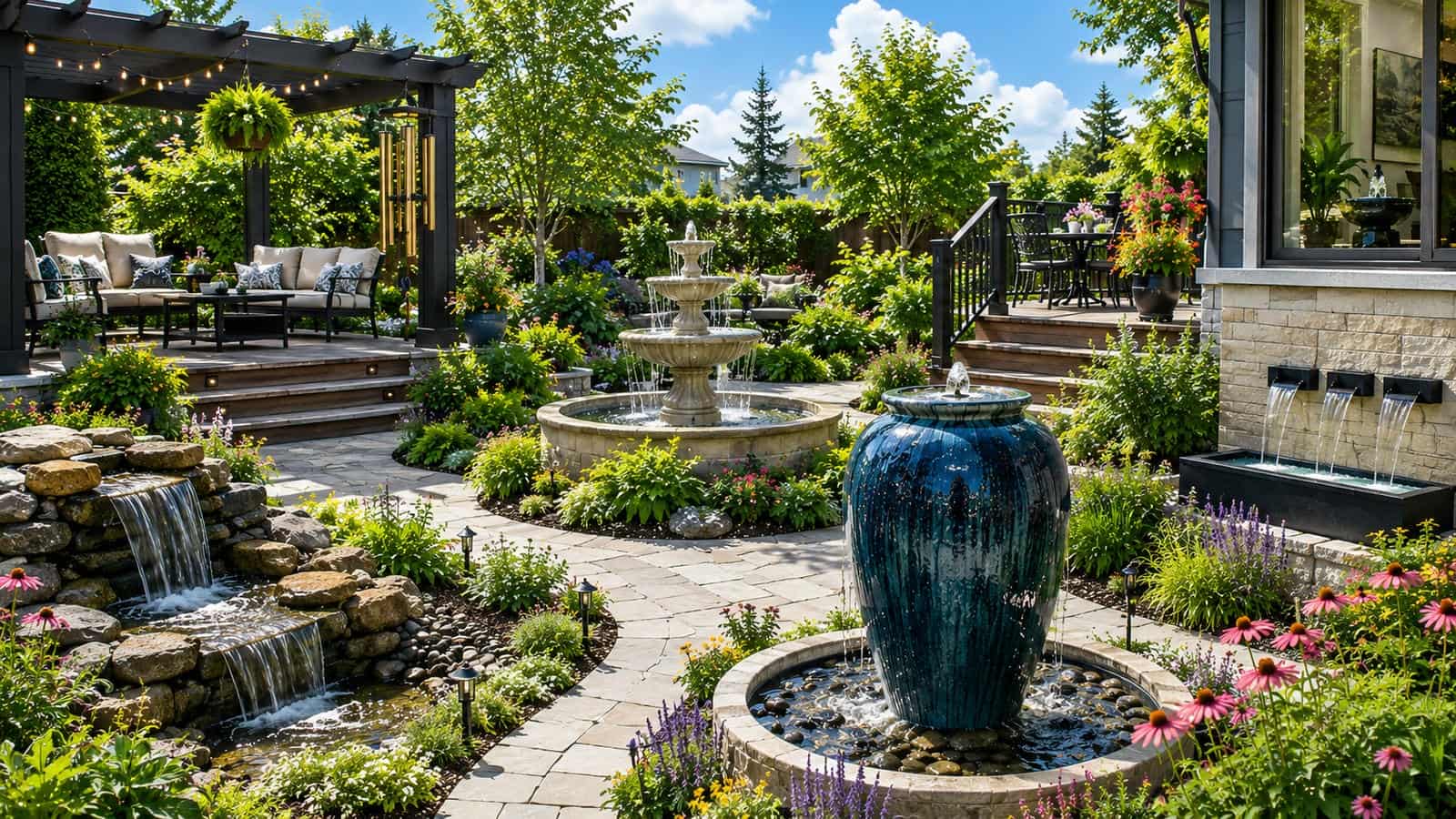 Best water fountains for gardens, patios, backyards and indoor spaces showing outdoor fountains, tabletop fountains, wall fountains, tiered fountains, solar fountains and bubbling rock water features in peaceful home settings.