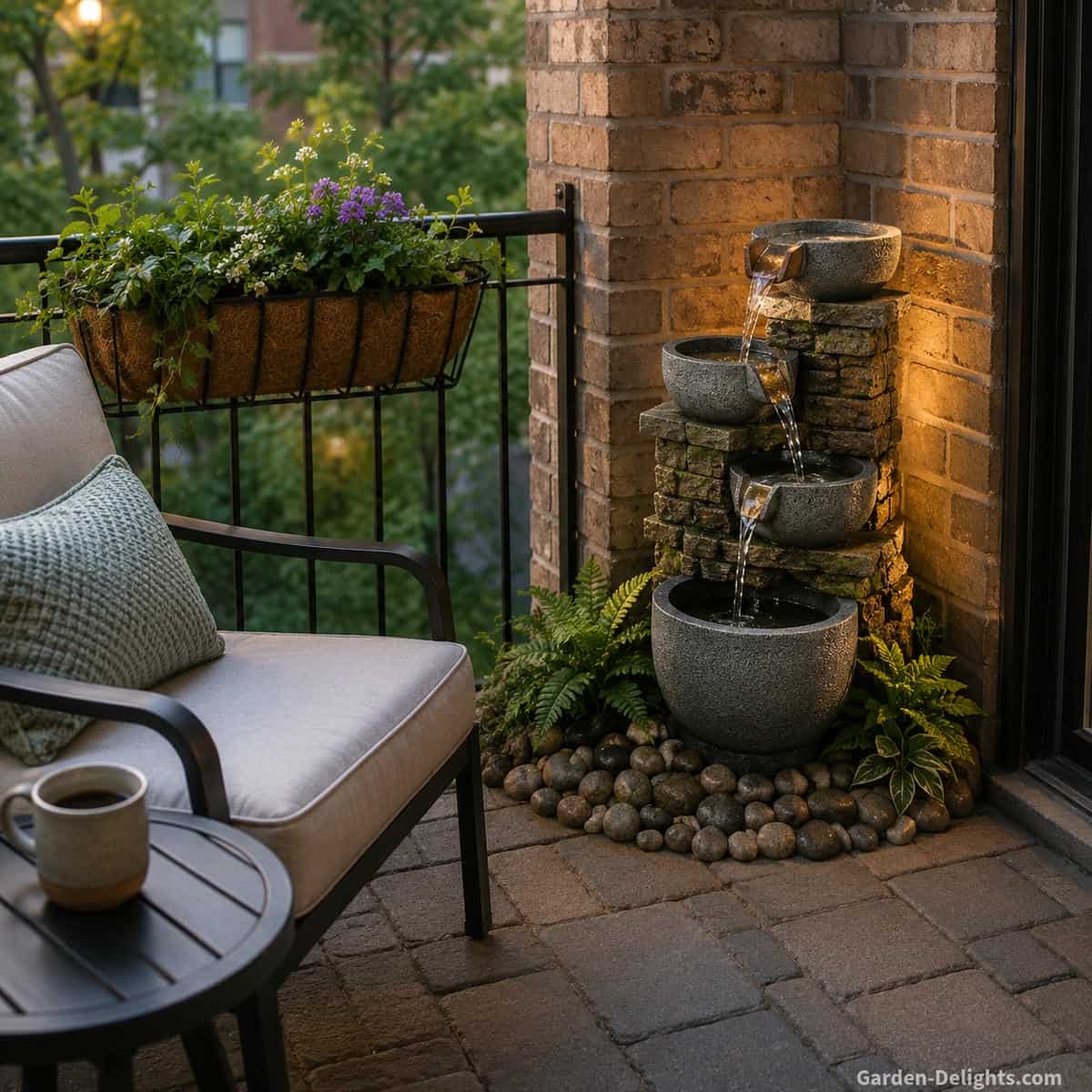 Best water fountains for small spaces featuring a compact stacked stone and concrete cascading fountain on an apartment balcony with comfortable seating, coffee table, container plants, railing planter, paver flooring and cozy outdoor living design.