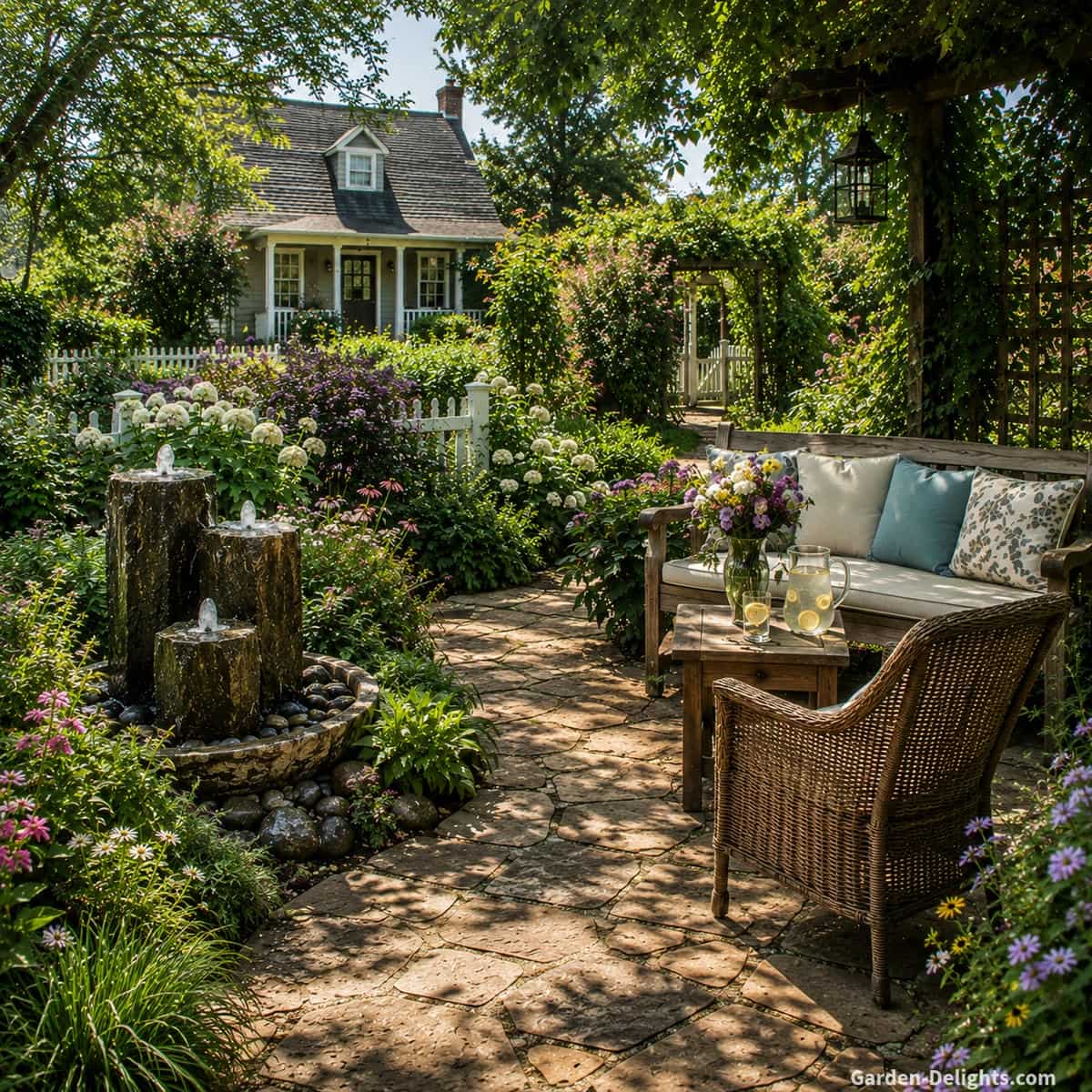 Climate friendly bubbling rock water fountain in a lush shaded garden patio with stone pathway, flowering perennials, river rock edging, cozy bench seating, wicker chair, lemonade table and cottage backyard backdrop for relaxing outdoor living.