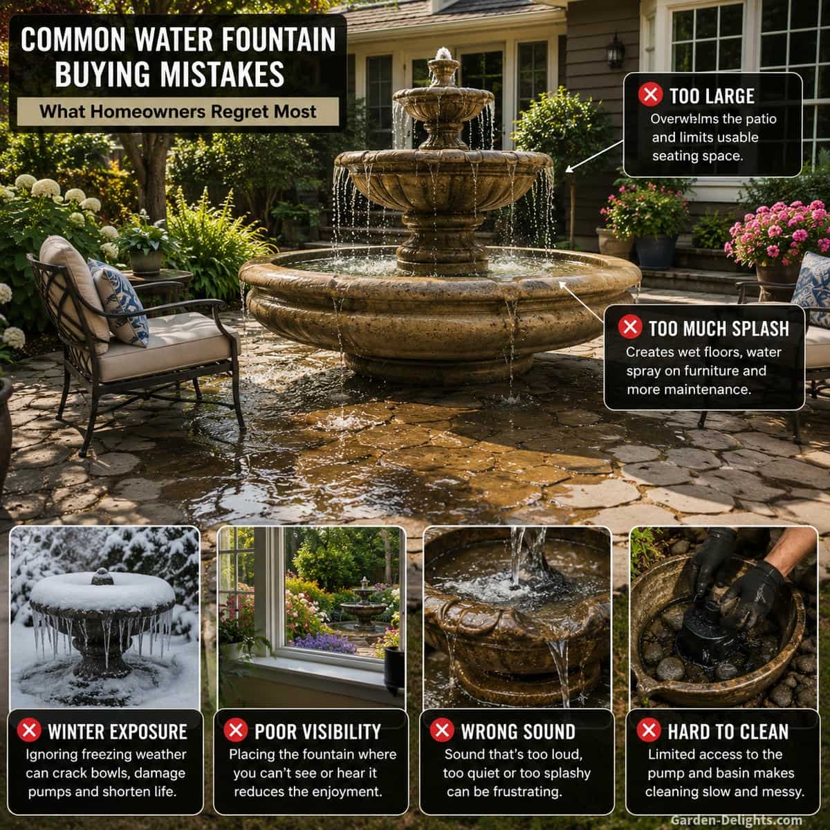 Common water fountain buying mistakes shown with an oversized patio fountain near seating, splash on stone pavers, shaded winter exposure, poor visibility from the house and tight cleaning access in a landscaped backyard garden