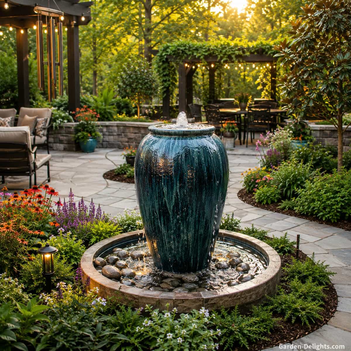Choosing the best water fountain with a large ceramic urn fountain beside a curved stone pathway, black pergola seating, brass wind chimes, colorful perennial flowers and a beautifully landscaped backyard designed for relaxing outdoor living, gentle flowing water and visual harmony.