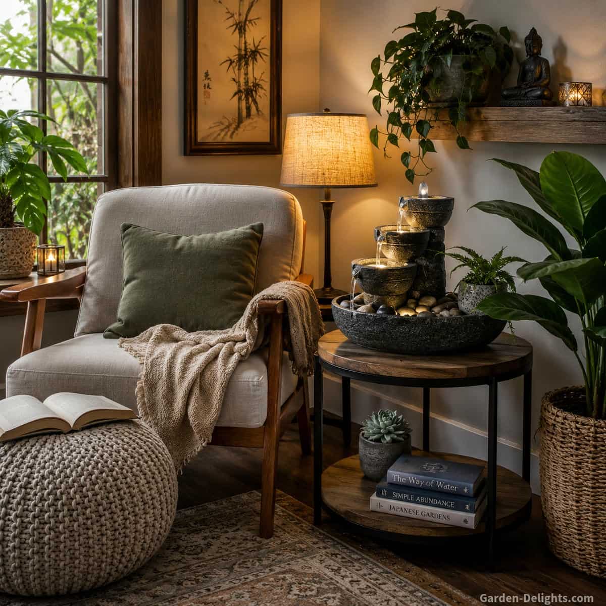 Small indoor water fountain for a peaceful corner showing a quiet tabletop fountain beside a reading chair, soft lamp light, houseplants, natural stone accents and gentle trickling water for meditation, stress relief, Feng Shui balance and calming home decor.