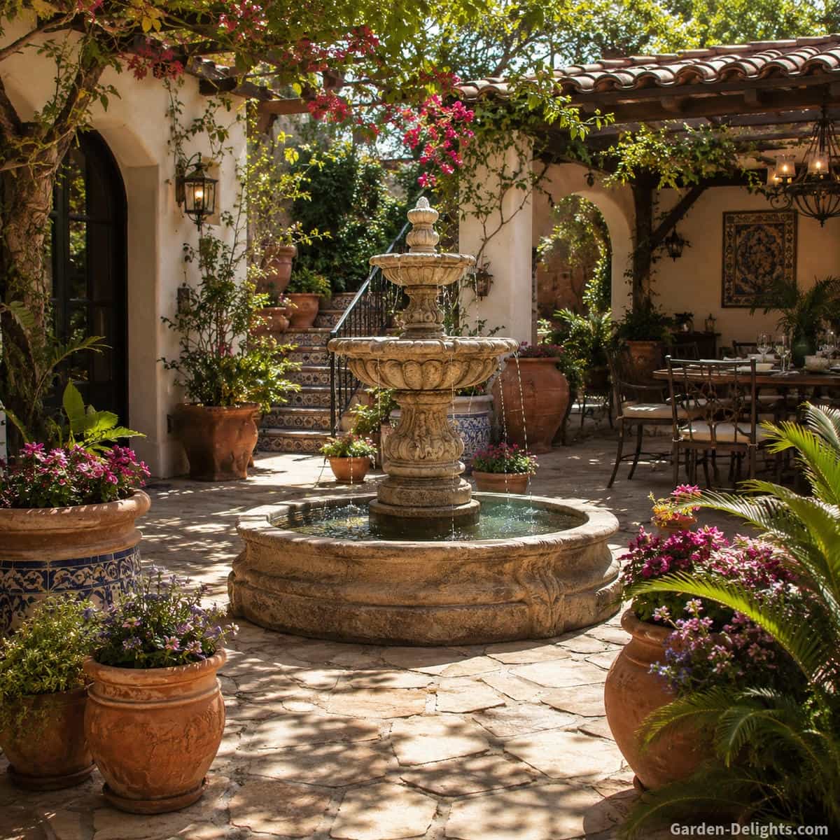 Mediterranean and traditional water fountain style showing a warm stone courtyard fountain near terra cotta planters, flowering plants, tile details, outdoor dining seating and classic garden paths for elegant patio fountain ideas and timeless backyard design