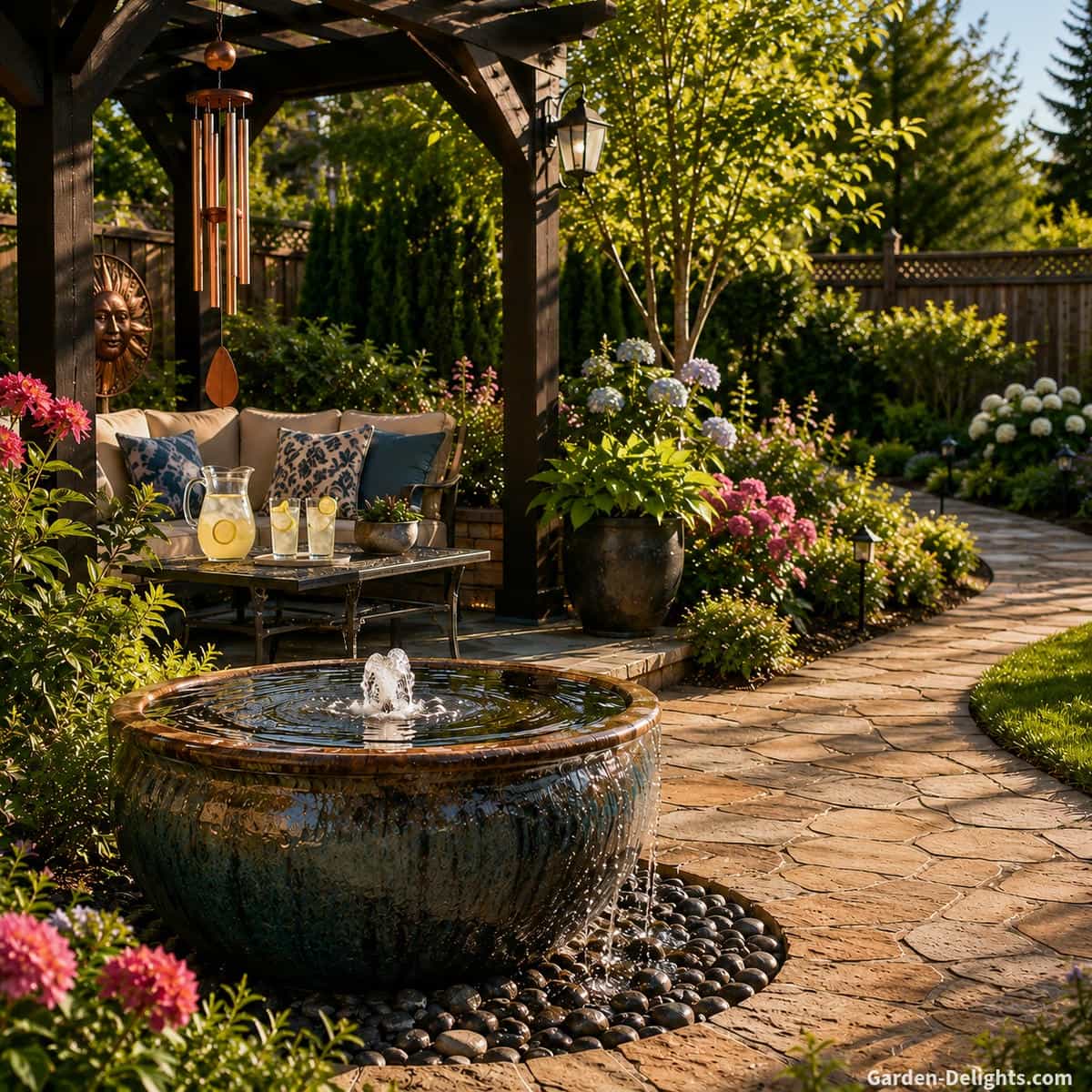 Medium ceramic bowl water fountain beside black pergola seating with decorative copper wind chimes, curved natural stone pathway, flowering garden beds, pitcher of lemon water and comfortable backyard patio showing how medium fountain size balances relaxing water sound, visibility, splash control and everyday outdoor living.
