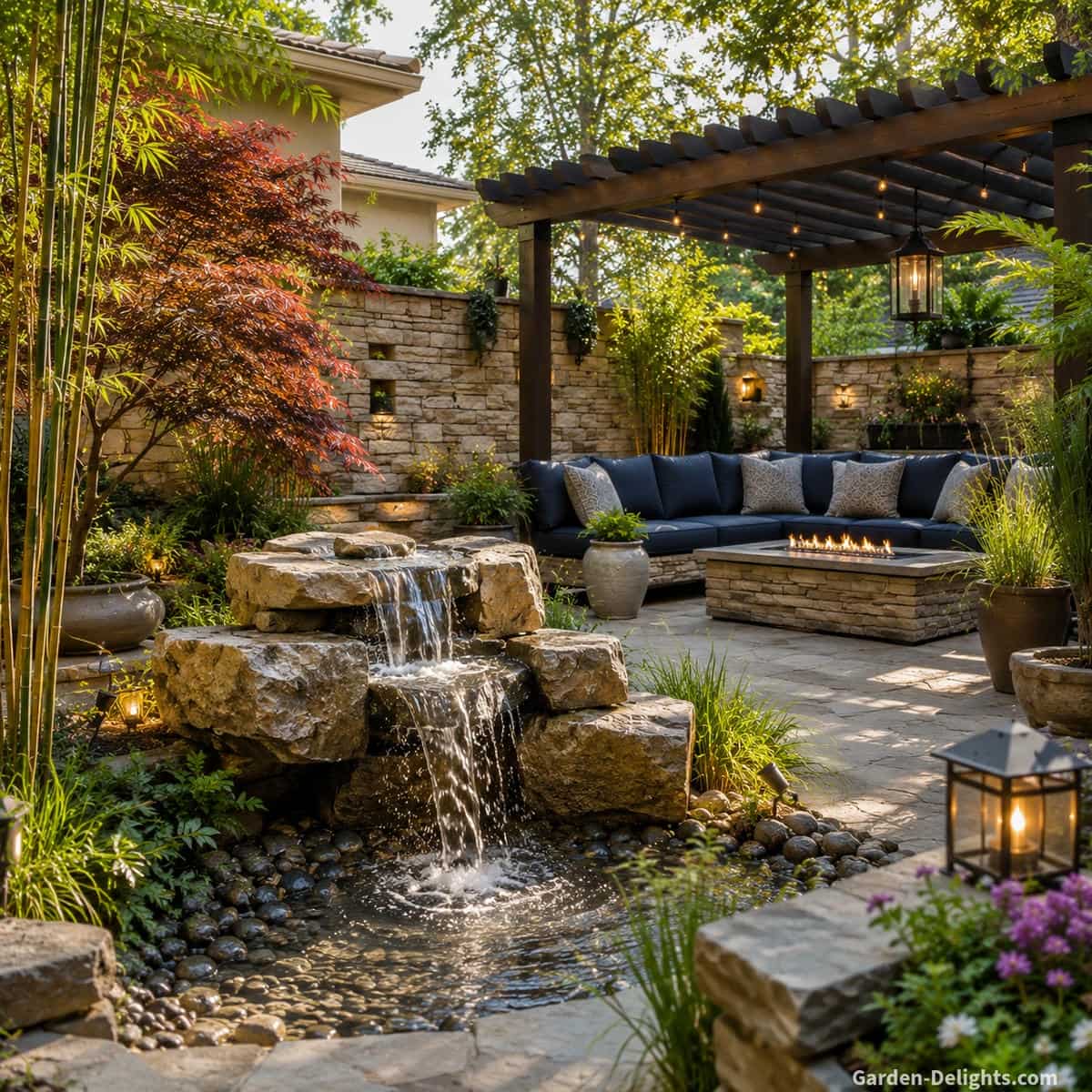 Best water fountain styles showing a modern rustic backyard patio with a natural stone fountain, light pergola, dark blue outdoor seating, Japanese maple, bamboo accents, flowering garden beds and a curved stone pathway for peaceful outdoor living.