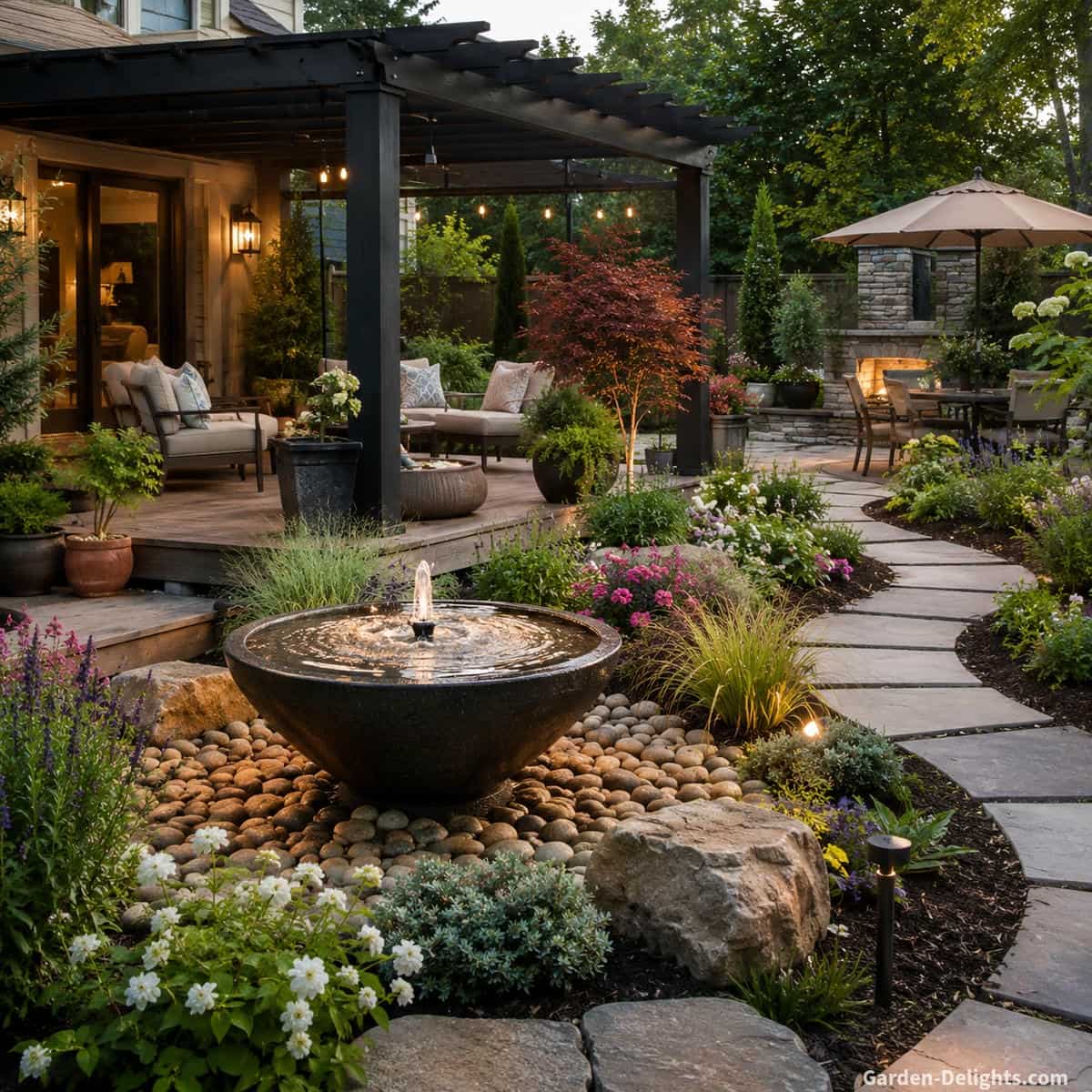 Modern rustic backyard patio with a black bowl water fountain, pebble base, black pergola, comfortable outdoor seating, curved stepping stone pathway, ornamental grasses, flowering garden beds, natural boulders and soft landscape lighting