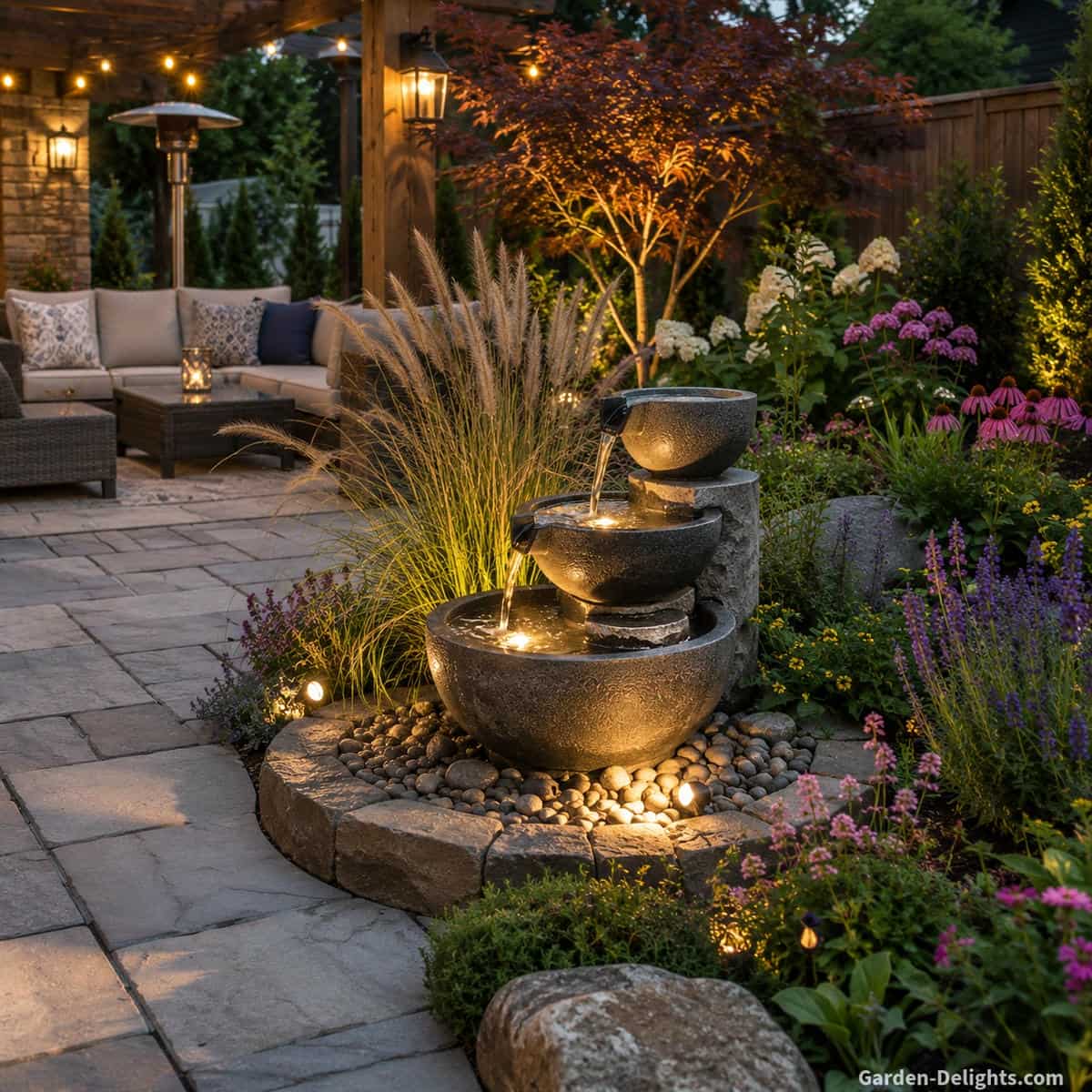 Premium outdoor water fountain with soft LED lighting, adjustable cascading water flow, natural stone surround, ornamental grasses and flowering perennials creating a peaceful backyard patio retreat that showcases modern water fountain features, flexible placement and easy everyday enjoyment