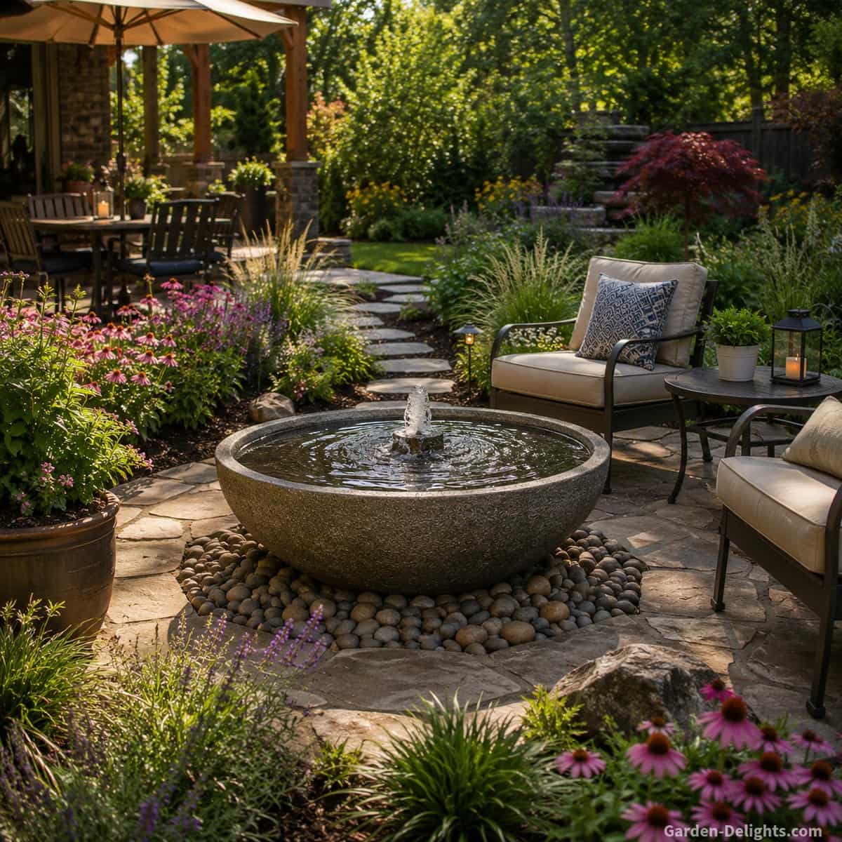 Beautiful medium stone water fountain on a backyard patio with gentle bubbling water, open seating space, natural stone pavers, flowering perennials, ornamental grasses and clear garden pathway showing smart water fountain buying tips for size, splash control, sound comfort, visibility, seasonal care and peaceful outdoor placement