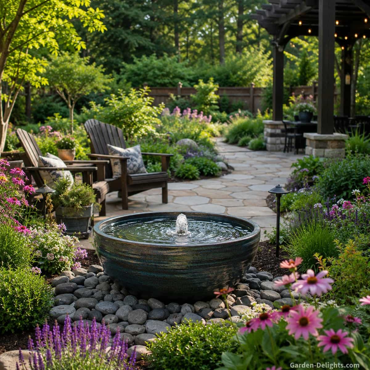 Beautiful backyard water fountain decision guide scene with a ceramic bowl fountain near patio seating, curved garden pathway, flowering landscape beds, soft sunlight, safe walkway space and relaxing outdoor living design showing how sound, splash, maintenance and lifestyle shape the best water fountain choice.