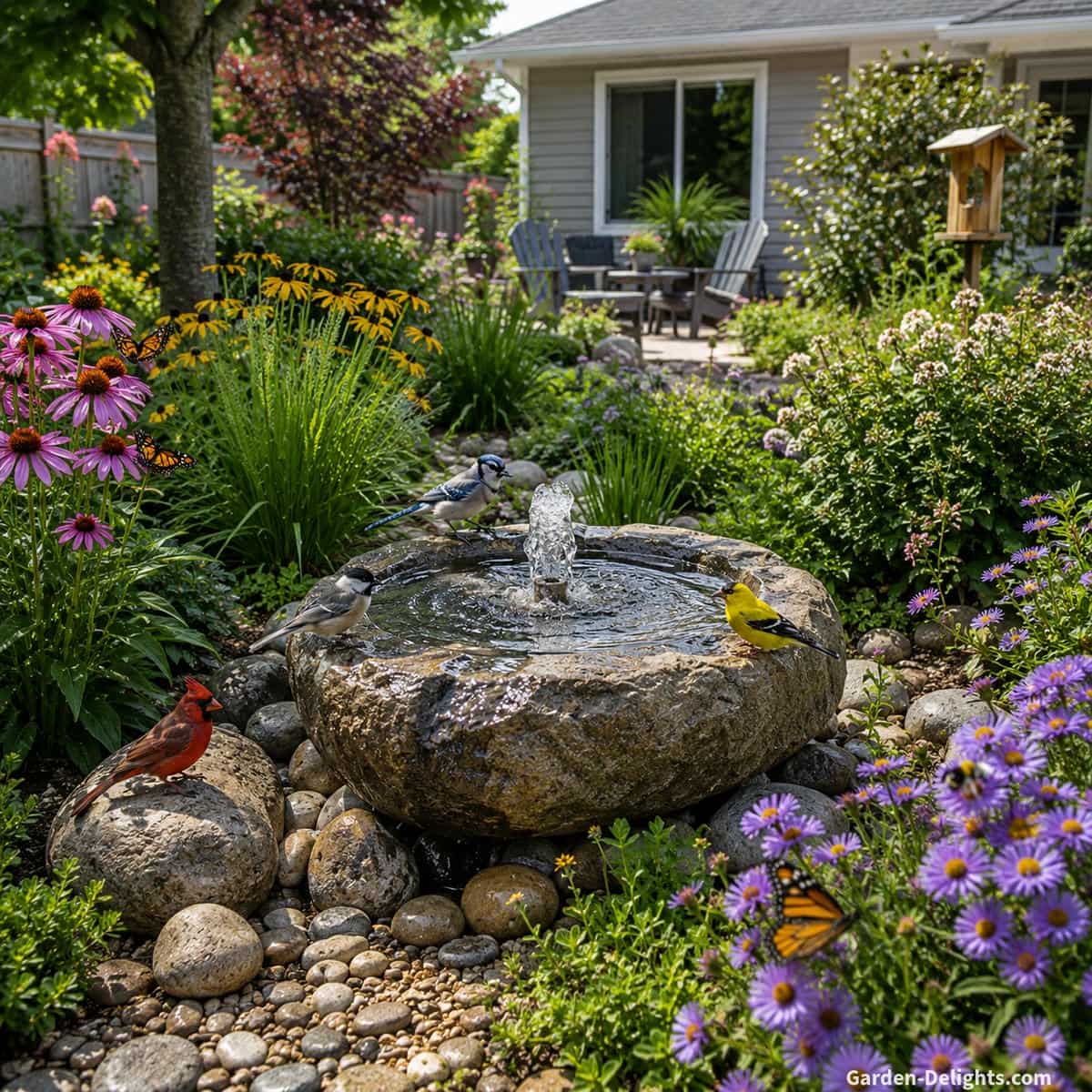 Natural stone wildlife water fountain with gentle bubbling water beside native shrubs, flowering perennials, river rock, pollinator plants and a peaceful backyard garden behind a middle class family home, showing safe shallow water access for birds, butterflies, bees and natural garden habitat placement