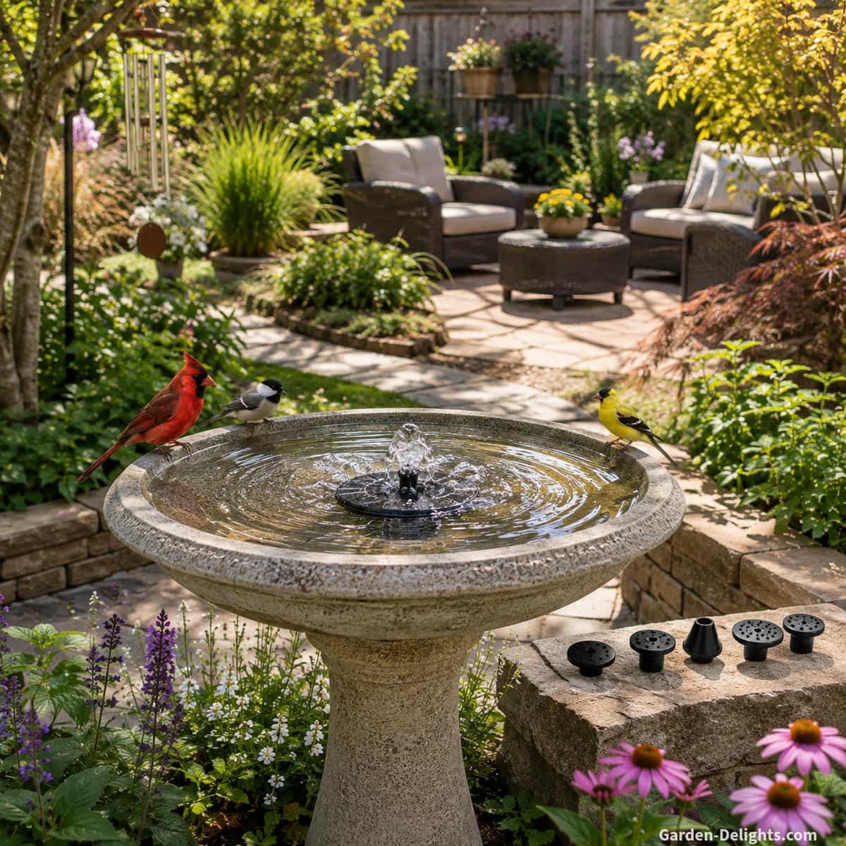 Shallow cast stone birdbath fountain with a solar fountain disc creating gentle bubbling water beside interchangeable spray nozzles as a cardinal, chickadee and goldfinch gather in a landscaped backyard garden