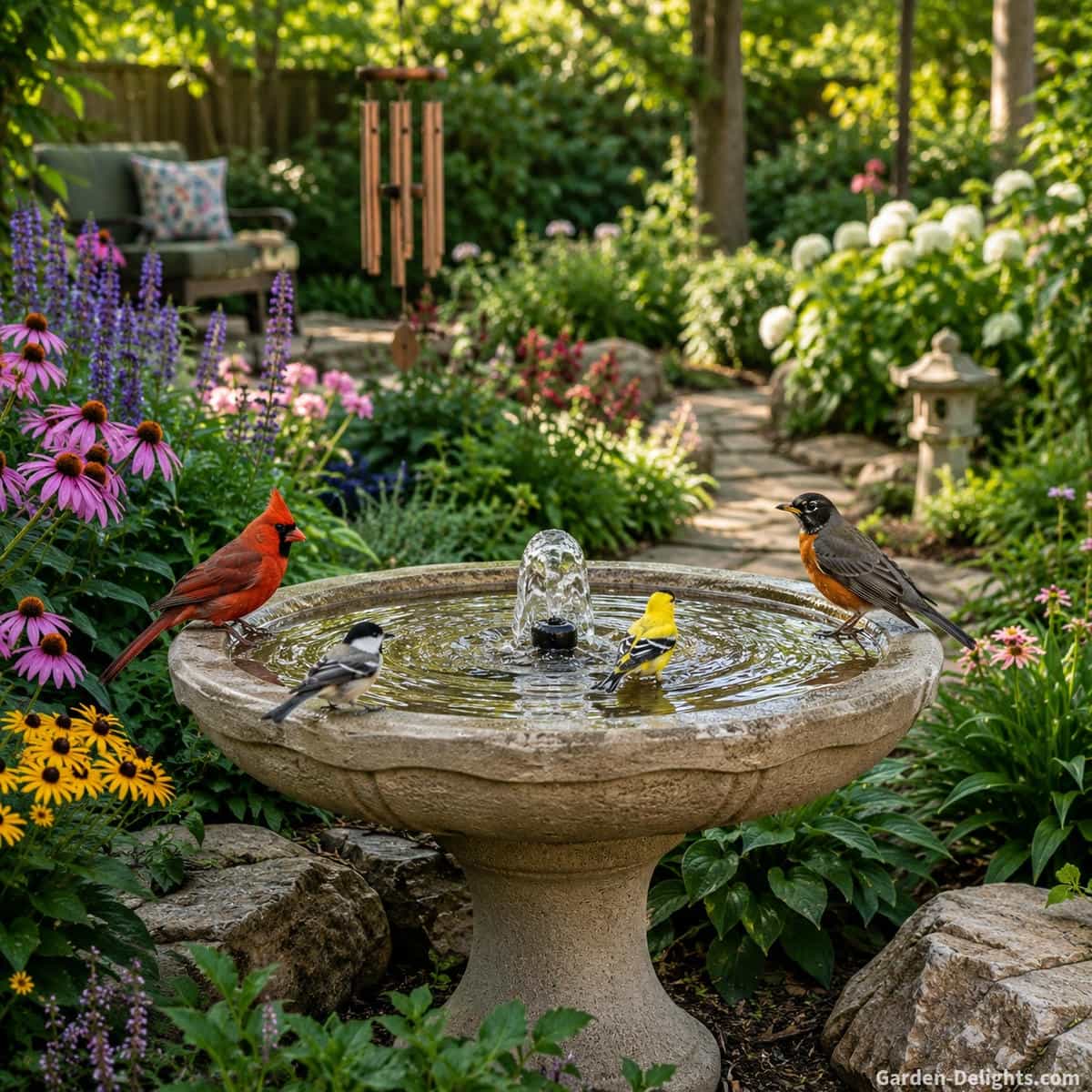 Best birdbath water fountain with a wide shallow cast stone basin, gentle bubbling water, textured landing edges and backyard songbirds in a native flower garden