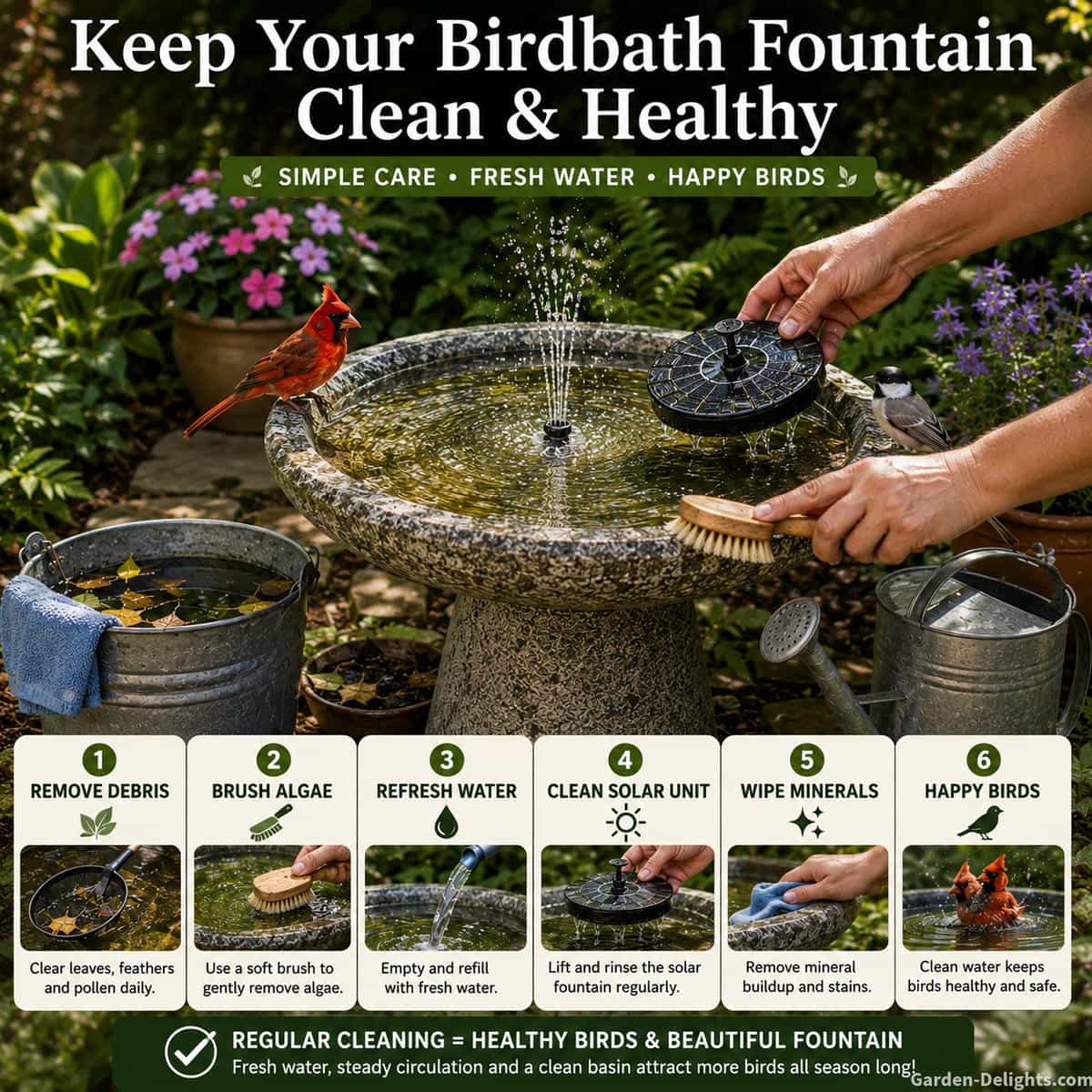 Natural granite birdbath fountain with a floating solar bubbling fountain being cleaned in a shaded wildlife garden while leaves are removed, algae is brushed away, fresh water is added and the solar fountain is lifted for simple seasonal cleaning beside cardinals and chickadees