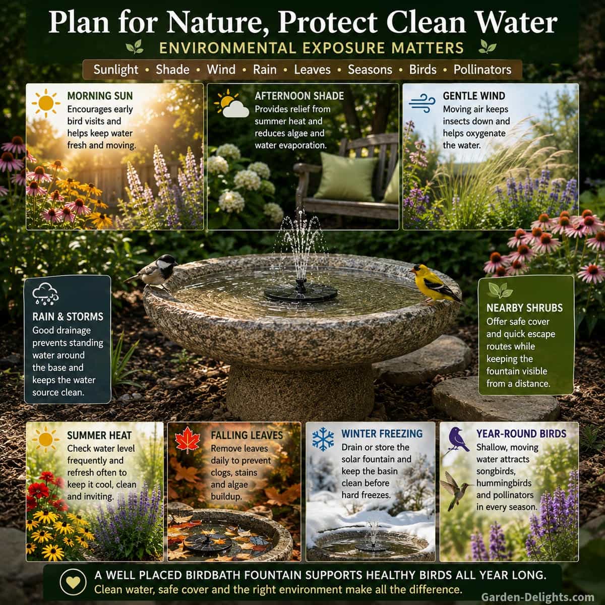 Low natural stone birdbath fountain in a wildlife garden showing morning sunlight, afternoon shade, gentle wind, summer flowers, autumn leaves, nearby shrubs and shallow moving water used by chickadees and goldfinches