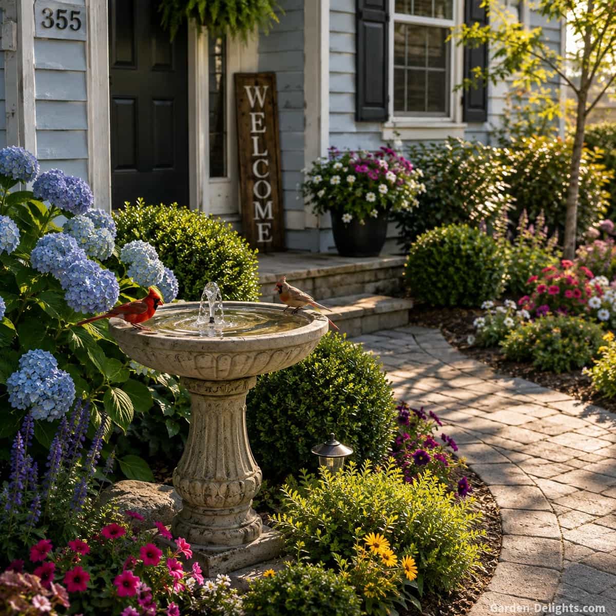 Traditional cast stone pedestal birdbath fountain beside the front walkway of a light blue middle class home with hydrangeas, boxwood, colourful flowers, a wooden welcome sign and cardinals using shallow bubbling water