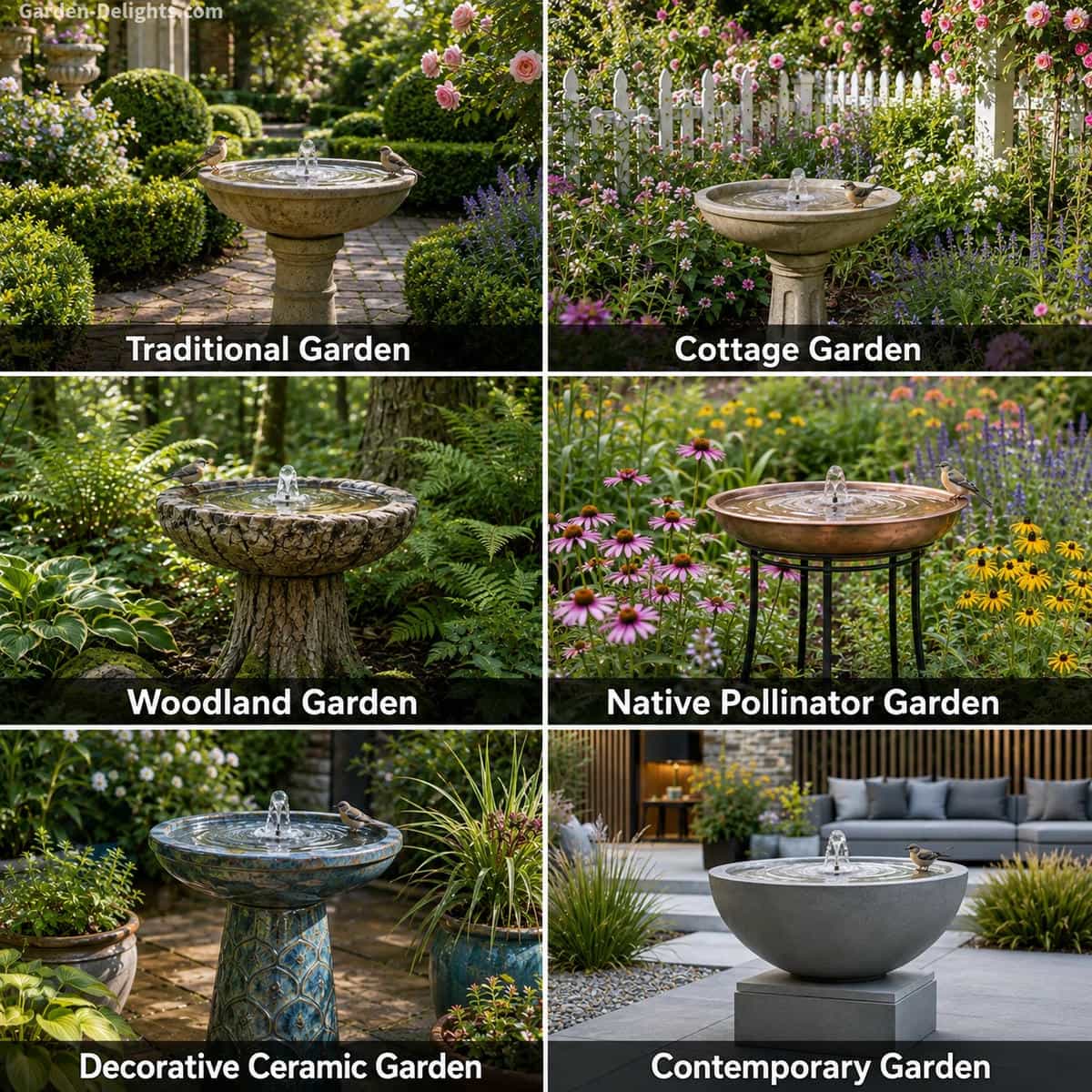 Birdbath fountain garden styles featuring traditional pedestal, cottage ceramic, woodland stone, pollinator garden and contemporary water fountain designs