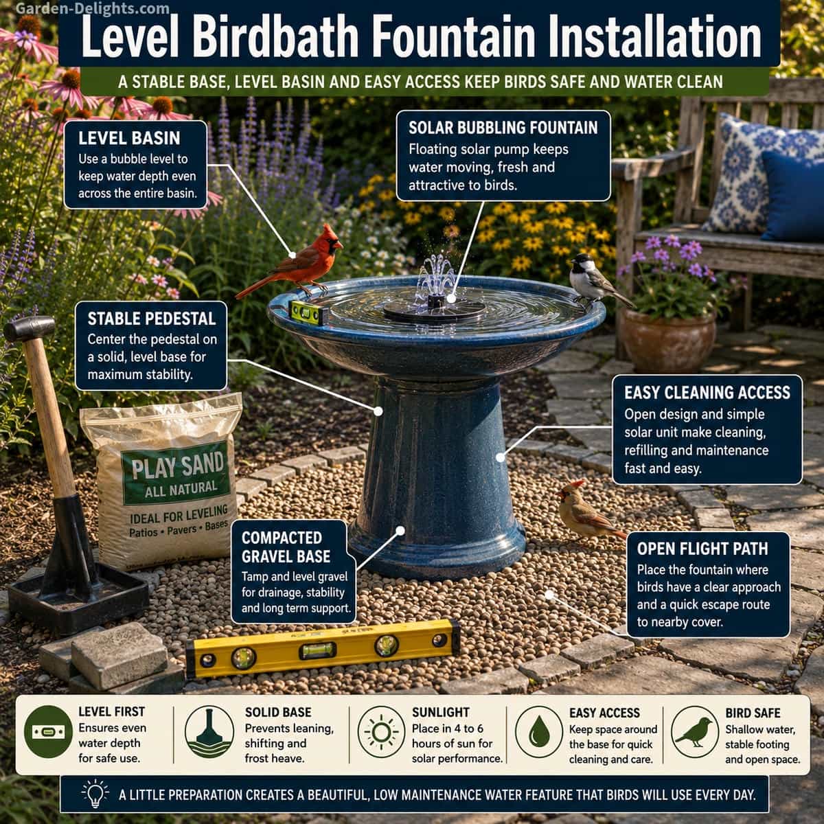 Blue ceramic birdbath fountain with a floating solar bubbling fountain installed on a level compacted gravel base beside a curved flagstone path with stable pedestal support, even basin depth, open flight paths, cardinals and chickadees