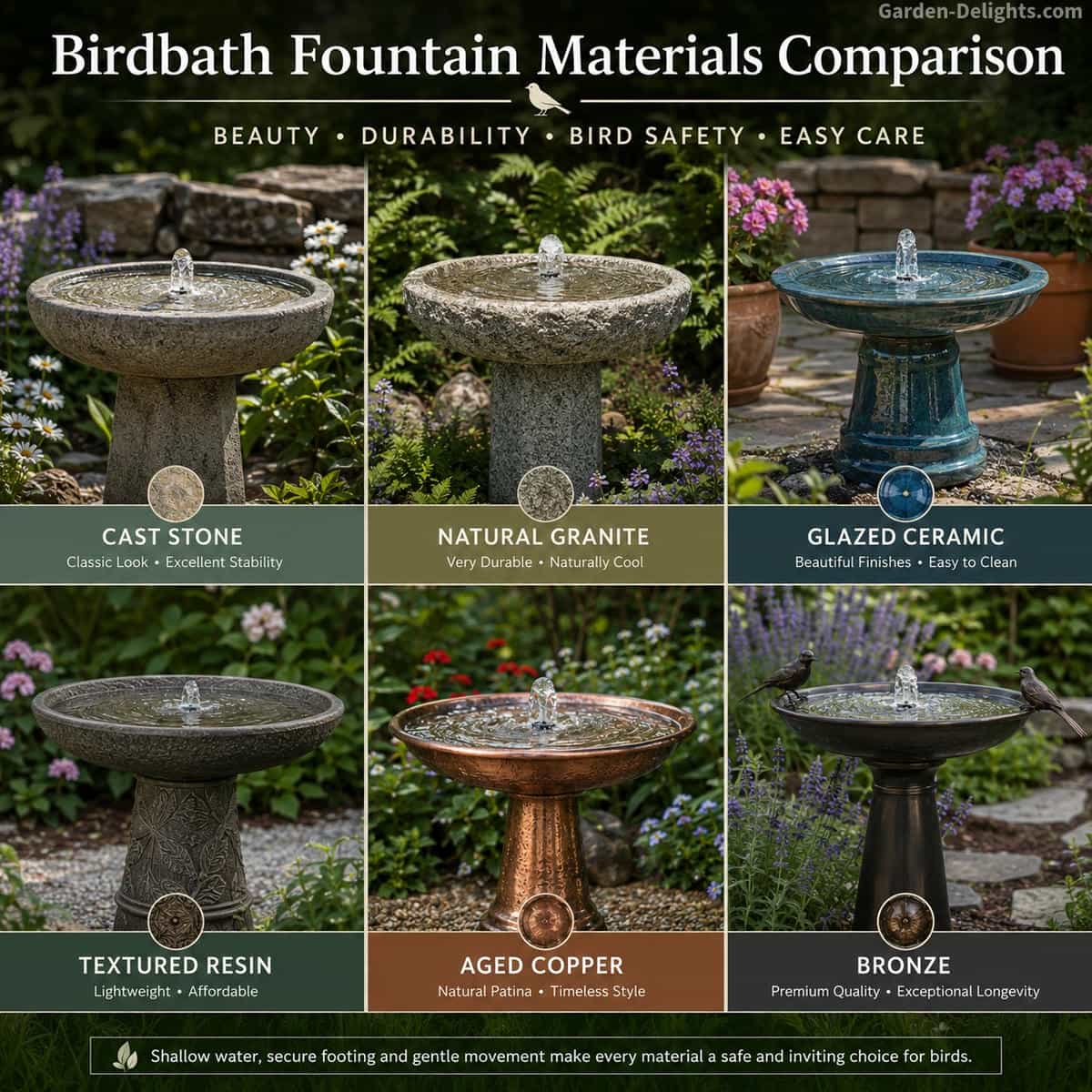 Birdbath fountain materials including concrete, cast stone, natural stone, glazed ceramic, textured resin, aged copper and bronze in outdoor garden settings
