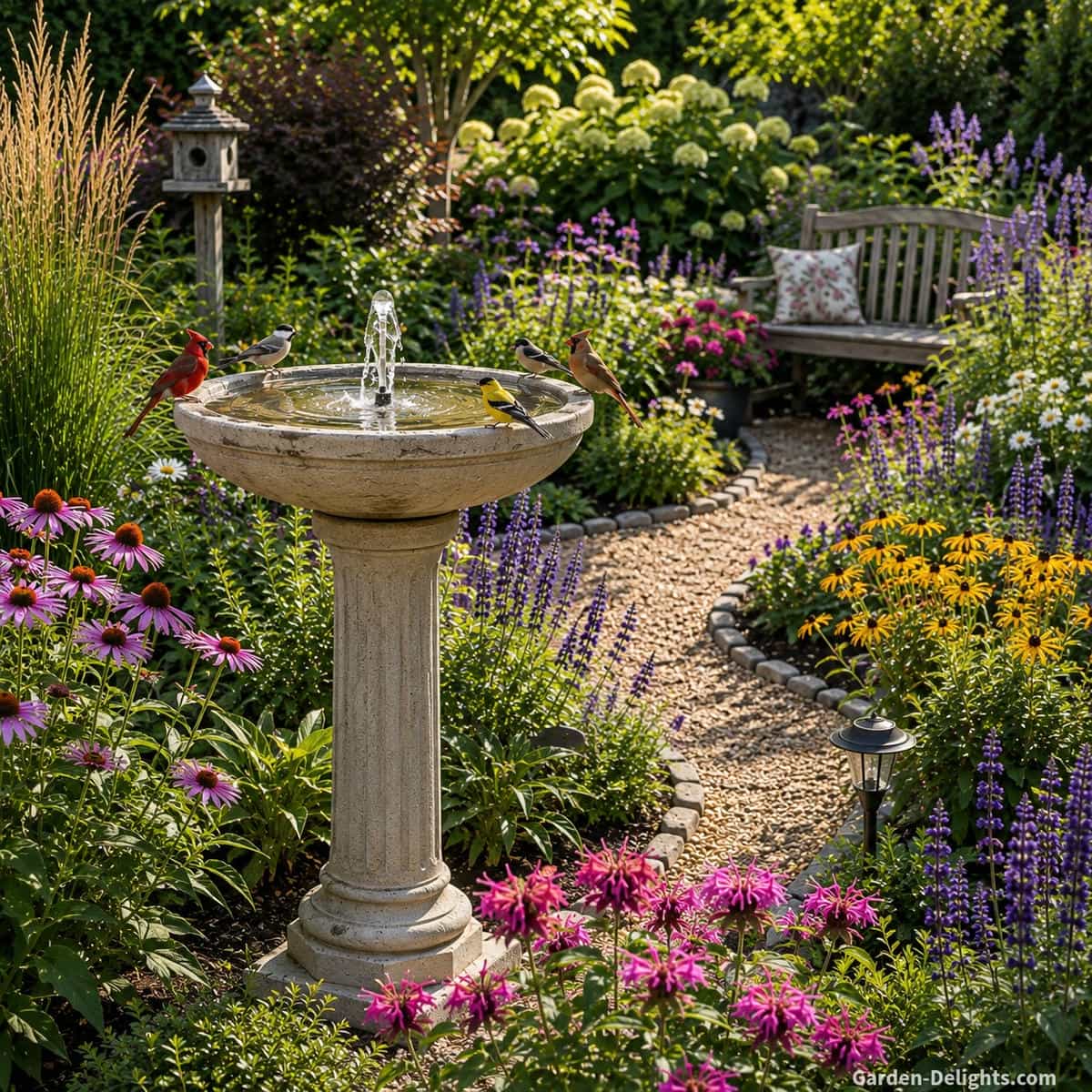 Natural stone birdbath fountain landscaping with coneflowers, bee balm, salvia, native grasses, pollinator flowers, nearby shrubs and a clear garden path