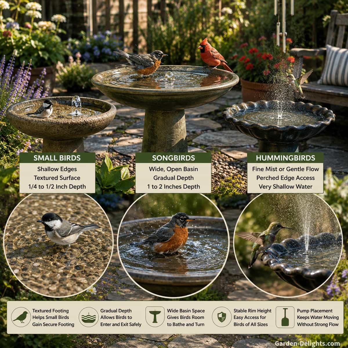 Birdbath fountain basin depth comparison with shallow edges, gradual slopes, textured footing, open bathing areas and safe water zones for different backyard birds