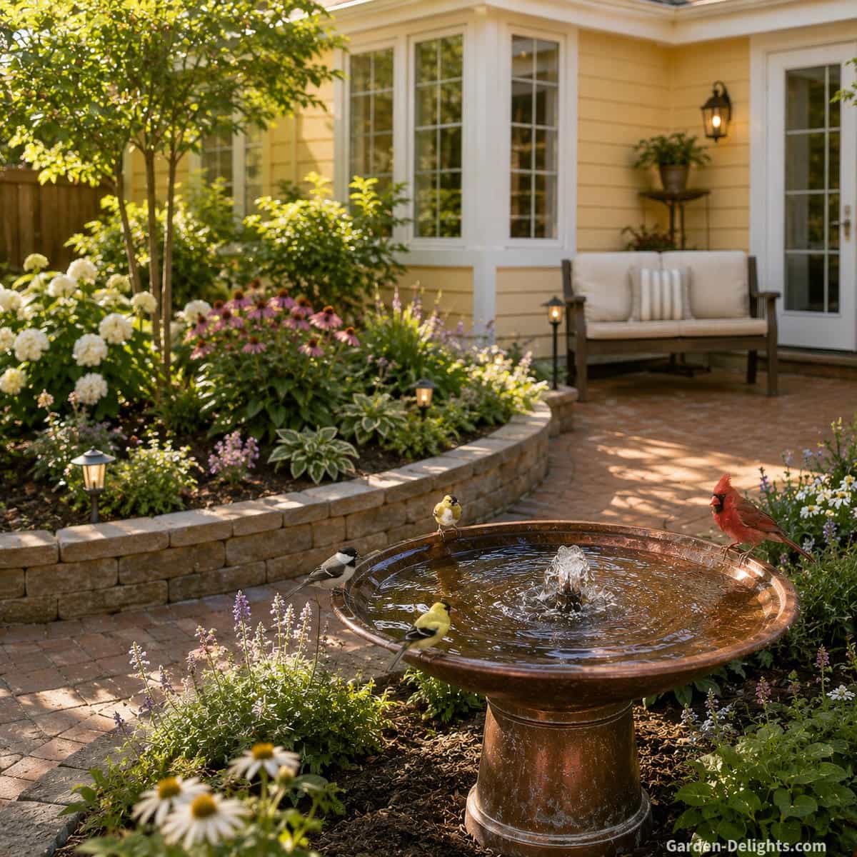 Wide aged copper birdbath fountain with gentle bubbling water in a landscaped backyard patio beside a light yellow home, raised stone garden beds, comfortable seating and backyard songbirds