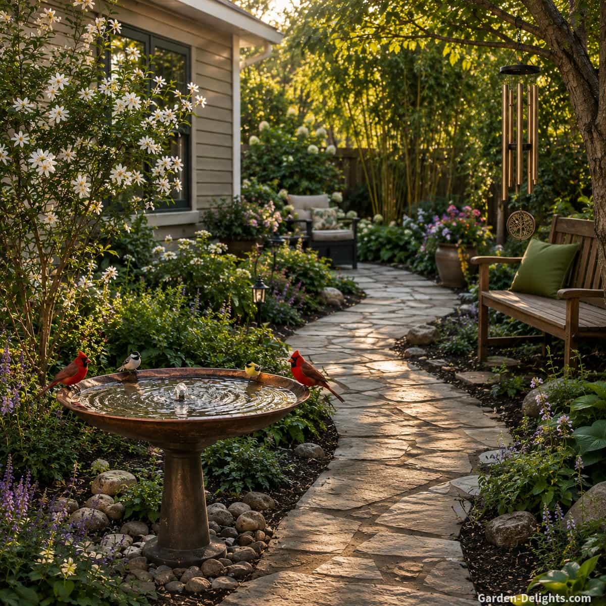 Wide shallow copper birdbath fountain with gentle bubbling water viewed from a curved flagstone path and shaded garden bench with cardinals, chickadees and goldfinches using the basin near serviceberry shrubs and native flowers