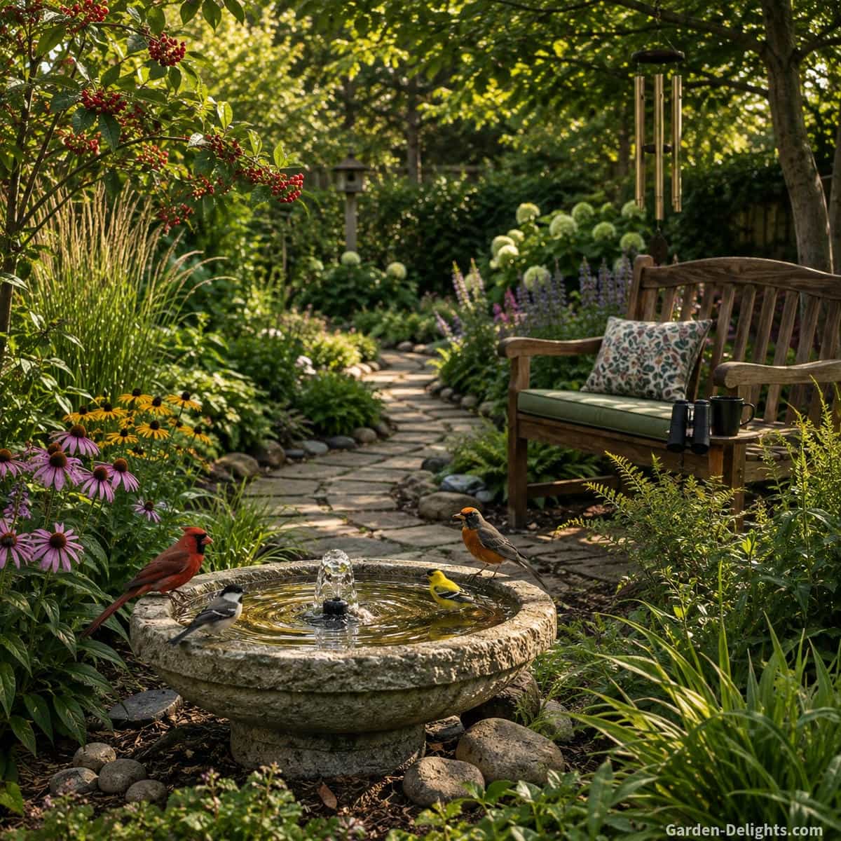 Low natural stone birdbath fountain beside a curved garden path and comfortable wooden bench with chickadees, cardinals and goldfinches using shallow moving water among native coneflowers, serviceberries, grasses and protective shrubs