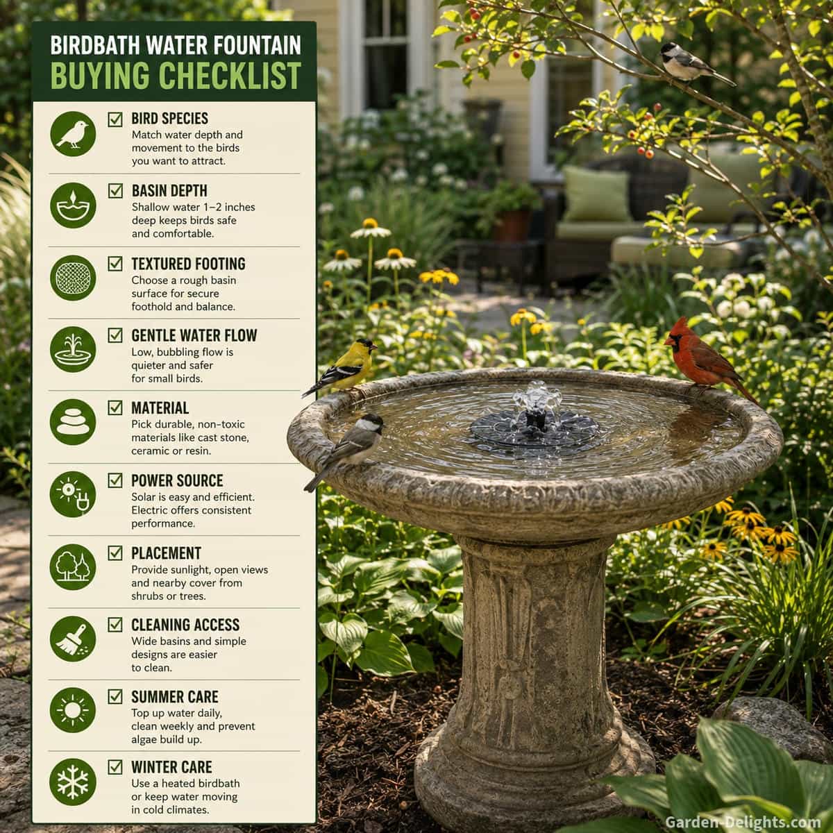 Birdbath water fountain buying checklist beside a wide cast stone pedestal fountain covering bird species, shallow basin depth, textured footing, gentle water flow, materials, power, placement, cleaning and winter care