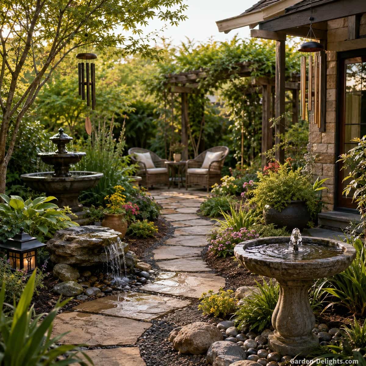 Birdbath water fountain comparison showing a shallow cast stone pedestal fountain for songbirds, a fine mist fountain for hummingbirds, a solar bubbling basin for a sunny garden and a natural stone wildlife fountain in a pollinator landscape