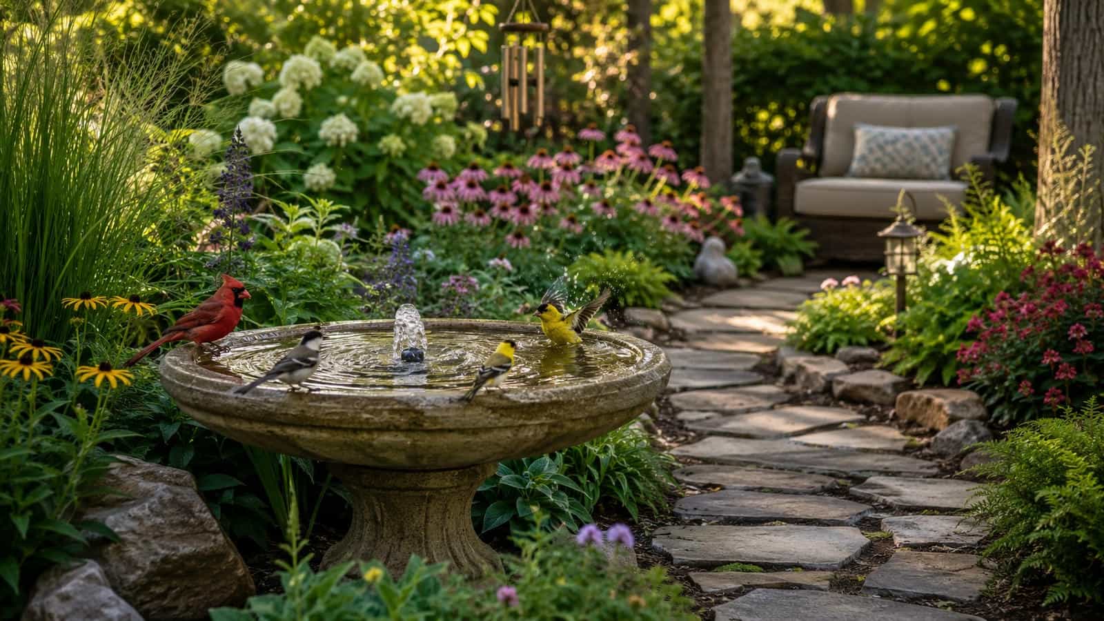 Shallow cast stone birdbath water fountain in a wildlife friendly backyard garden with cardinals, chickadees and goldfinches using gently moving water among native flowers, shrubs and natural stone pathways