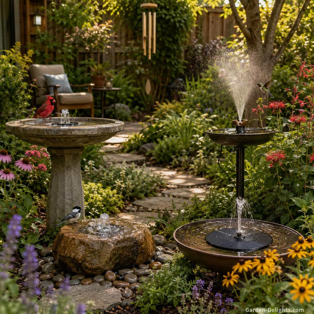 Birdbath water fountain comparison showing a traditional pedestal fountain for cardinals, a low natural stone bubbler for chickadees, a fine mist fountain for hummingbirds and a solar basin fountain in a sunny pollinator garden