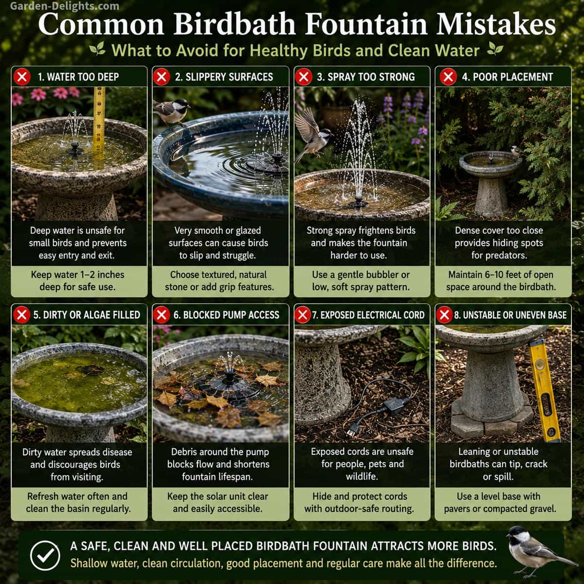 Birdbath water fountain showing common mistakes including deep water, slippery glazed surfaces, strong spray, dense predator cover, dirty algae filled water, blocked pump access, exposed electrical cord and an uneven pedestal base
