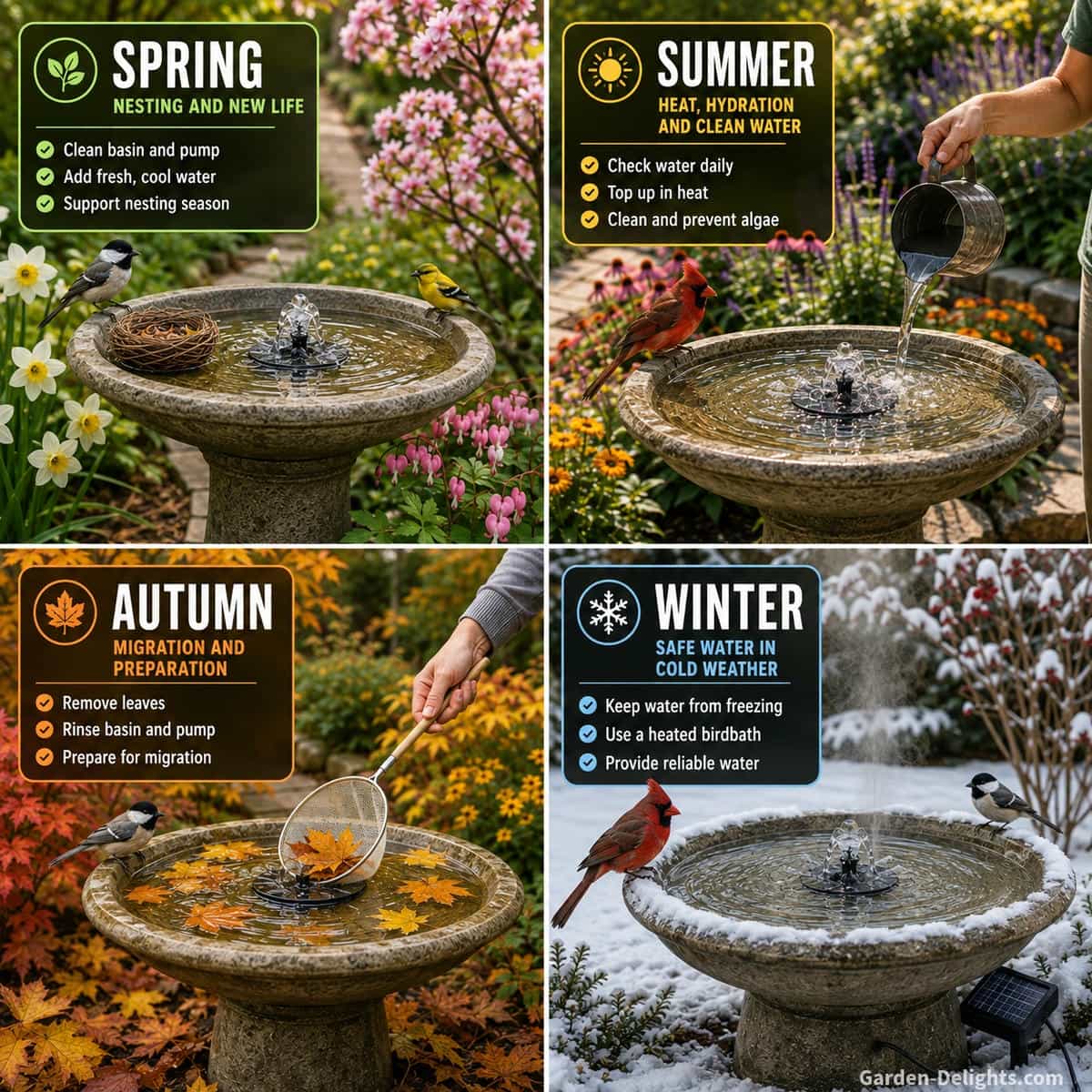 Four season birdbath fountain care scene showing spring songbirds and nesting activity, summer refilling, autumn leaf removal and a heated winter birdbath used by chickadees and cardinals in a snowy garden