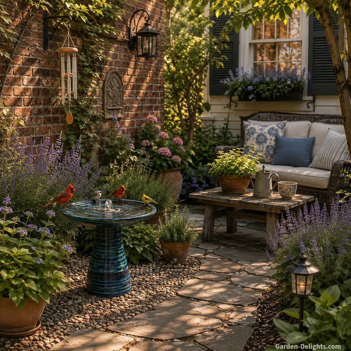 Glazed blue ceramic birdbath fountain with cardinals, chickadee and goldfinch beside a gravel bed and curved flagstone path in a cottage courtyard with brick walls, lavender, potted herbs and cushioned garden seating