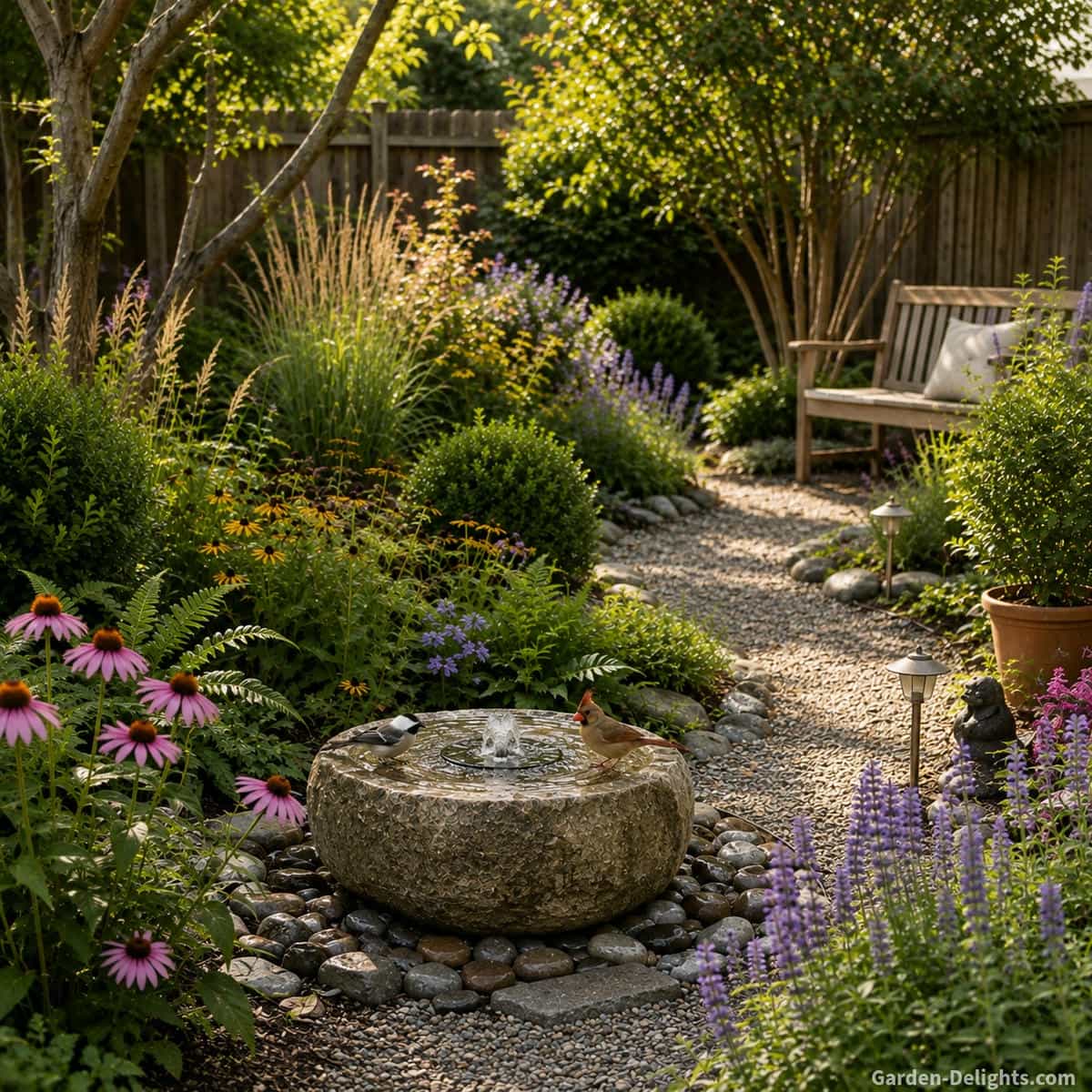 Low natural stone birdbath fountain in a mature backyard wildlife garden with a gravel maintenance path, native coneflowers, serviceberry shrubs, ornamental grasses, a wooden observation bench and open access for cleaning