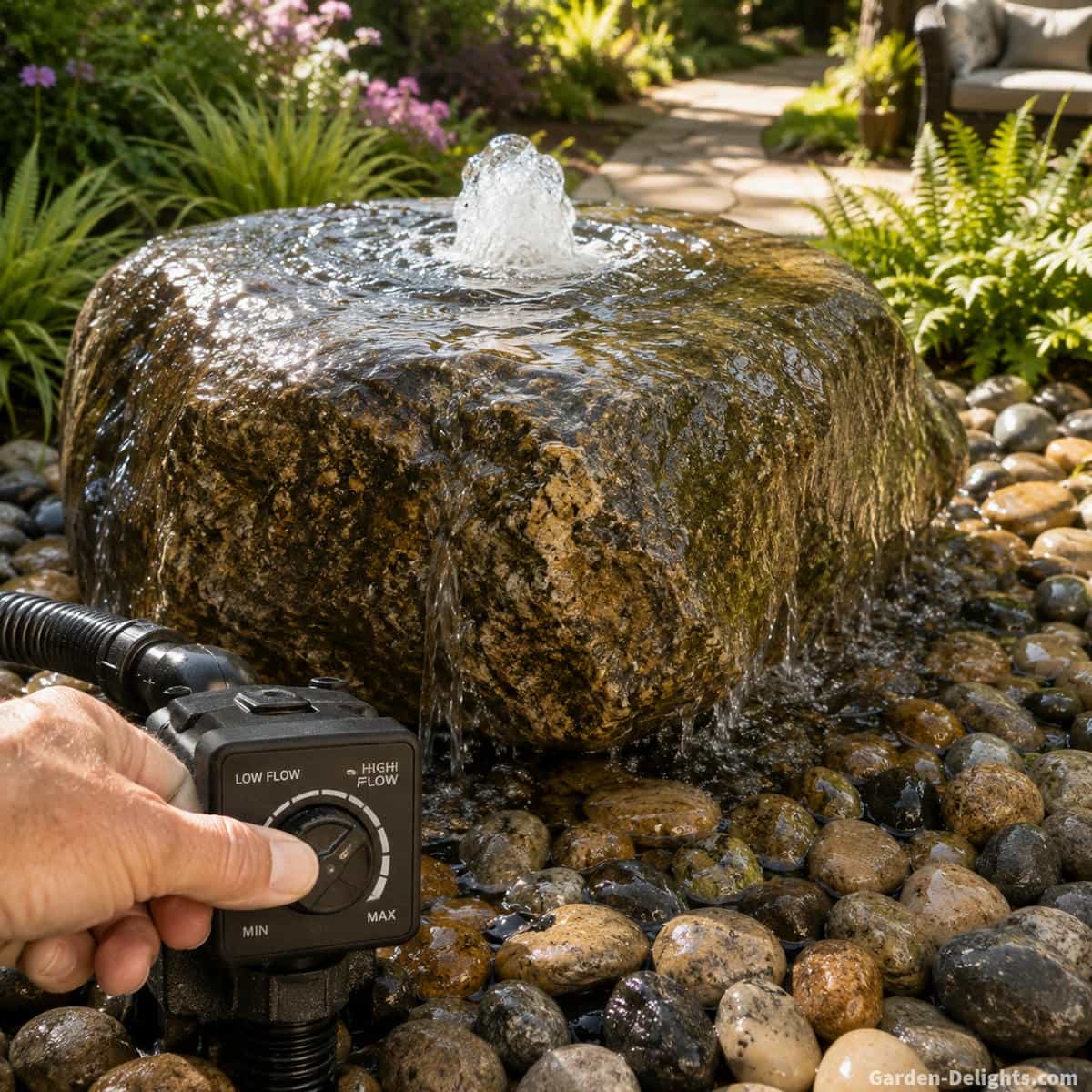 Close view of an adjustable bubbling rock fountain showing controlled water height, wet stone surface, fountain opening, river rock return area and pump flow adjustment used to reduce splash