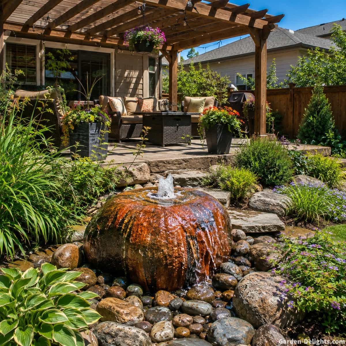 Best bubbling rock water fountain ideas with a natural granite boulder, low bubbling stone and rock cluster landscaped with river rock, grasses and backyard planting