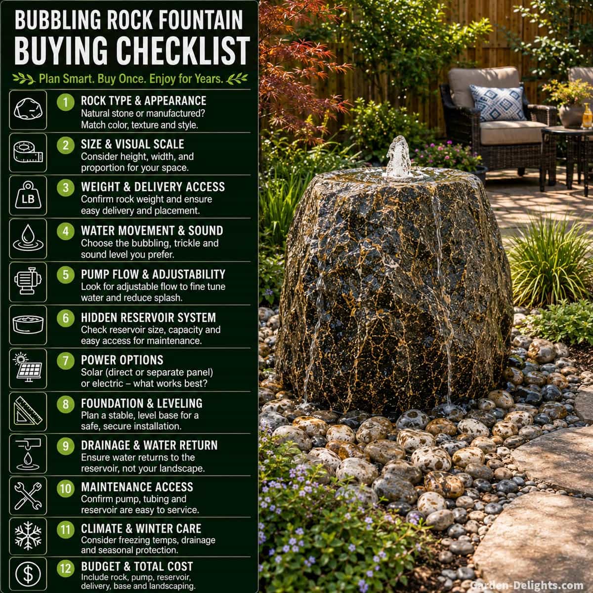 Bubbling rock fountain buying checklist with natural boulder, rock size, water movement, sound, pump, hidden reservoir, foundation, drainage, placement and maintenance decisions