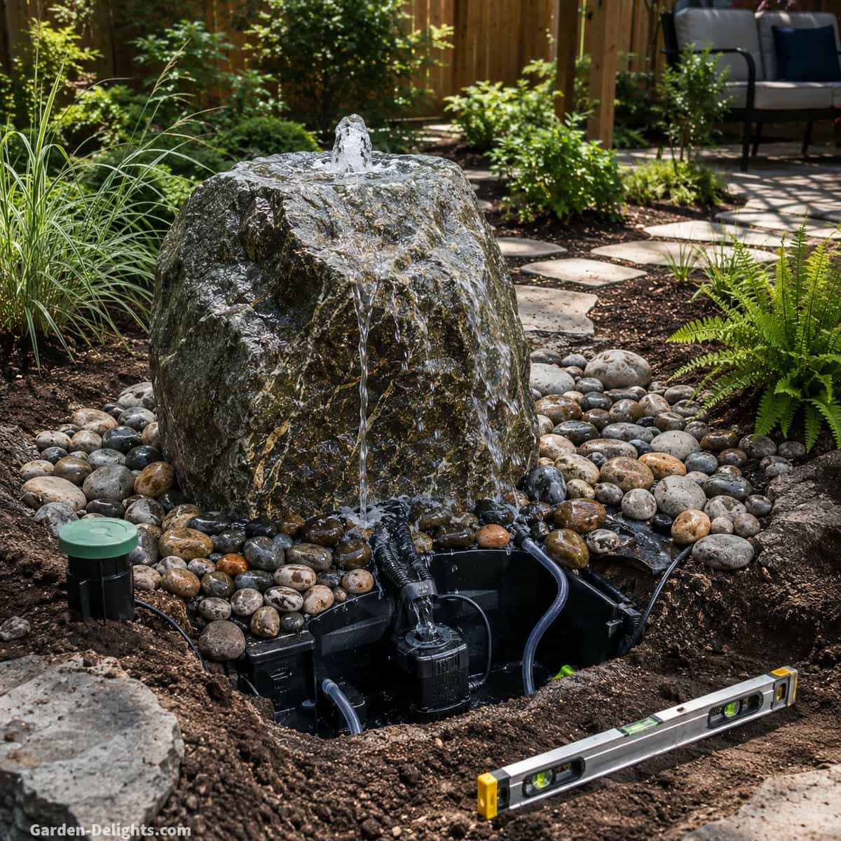 Natural bubbling boulder fountain during final installation showing level stone placement, controlled surface water flow, river rock return area, hidden pump access and surrounding landscape grade
