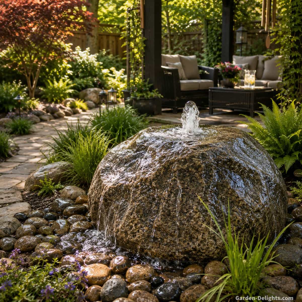 Granite bubbling rock fountain with adjustable water flow beside river rock, ornamental grasses, a garden pathway and comfortable backyard seating