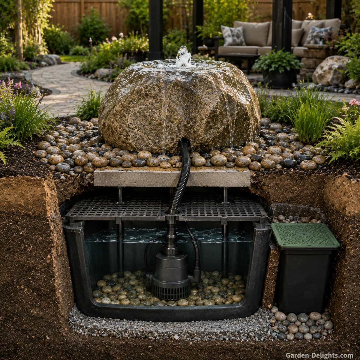 Bubbling rock fountain installation cutaway showing natural boulder, level support base, hidden reservoir, support grate, pump vault, flexible tubing, decorative river rock and surrounding landscape grade