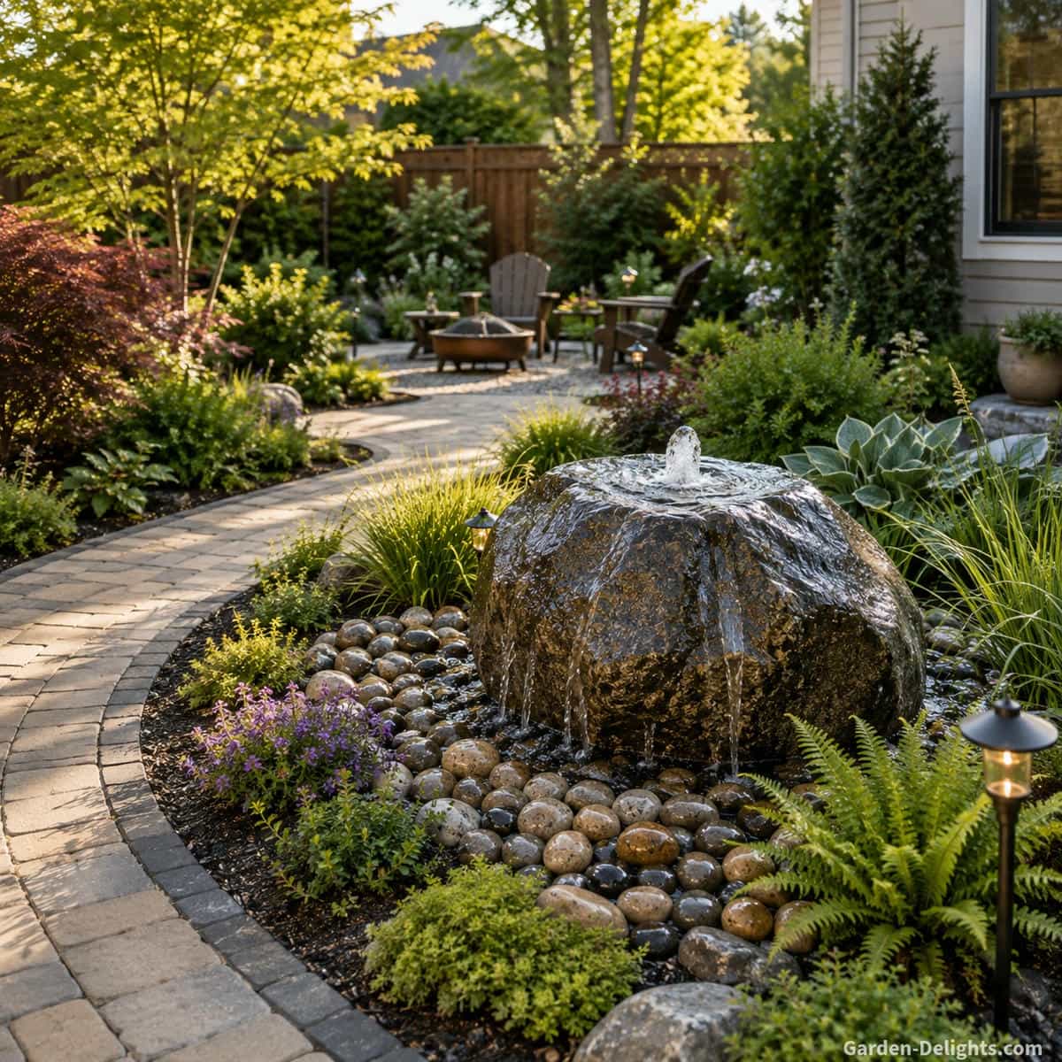 Bubbling boulder fountain landscaping with river rock, gravel, ornamental grasses, ferns, groundcovers and a curved pathway in a natural backyard garden