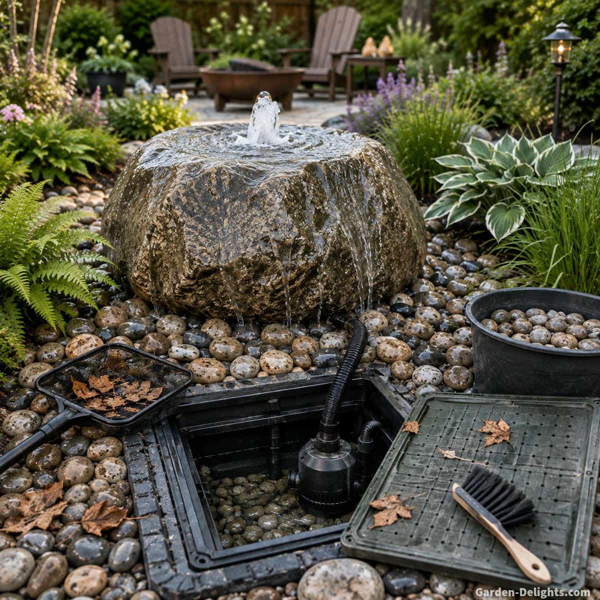Bubbling rock fountain maintenance showing a natural granite boulder with clean water outlet, accessible pump vault, river rock reservoir cover, leaf removal and clear tubing in a realistic backyard garden